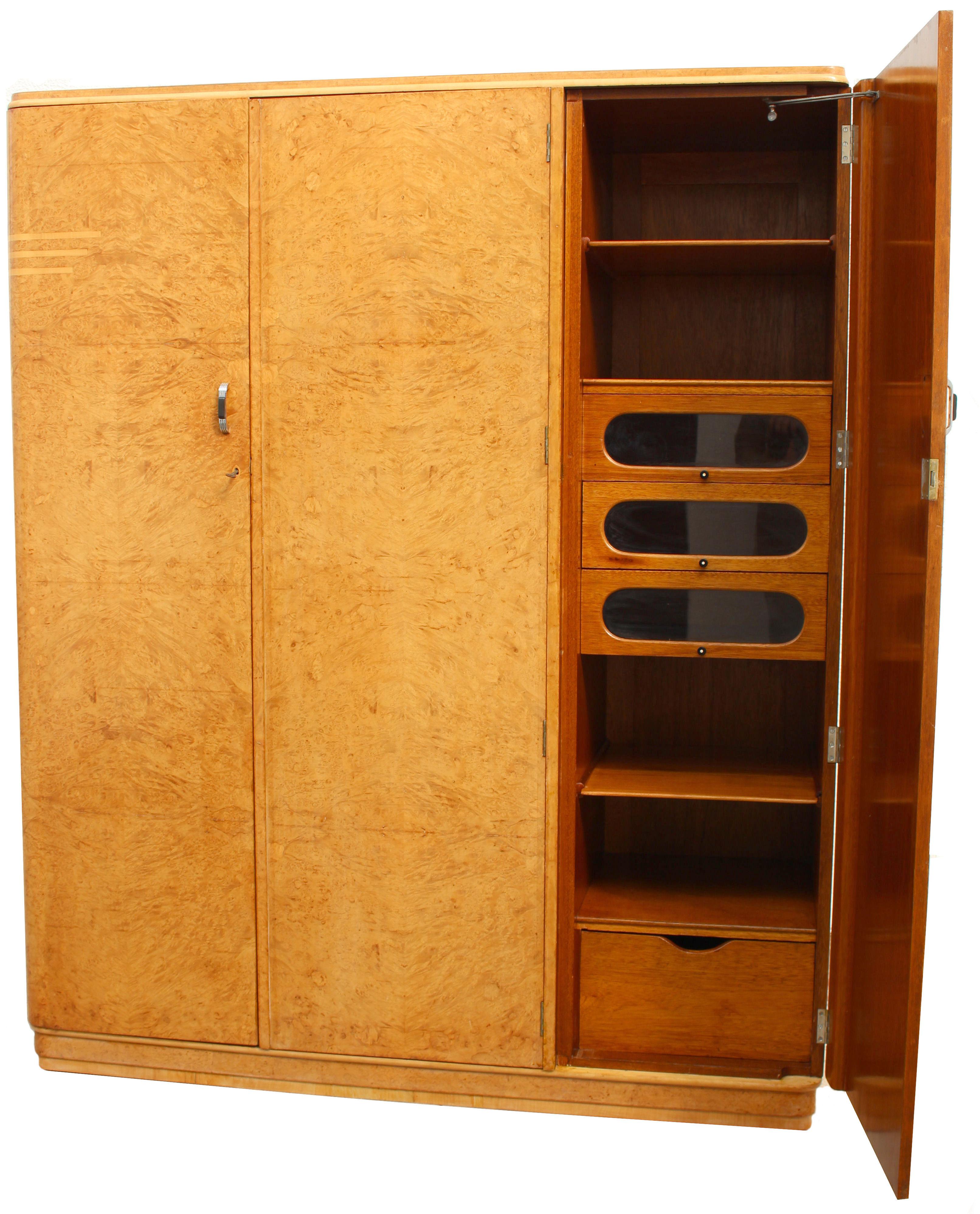 Art Deco Triple Birds Eye Maple Wardrobe, English, c1930 6