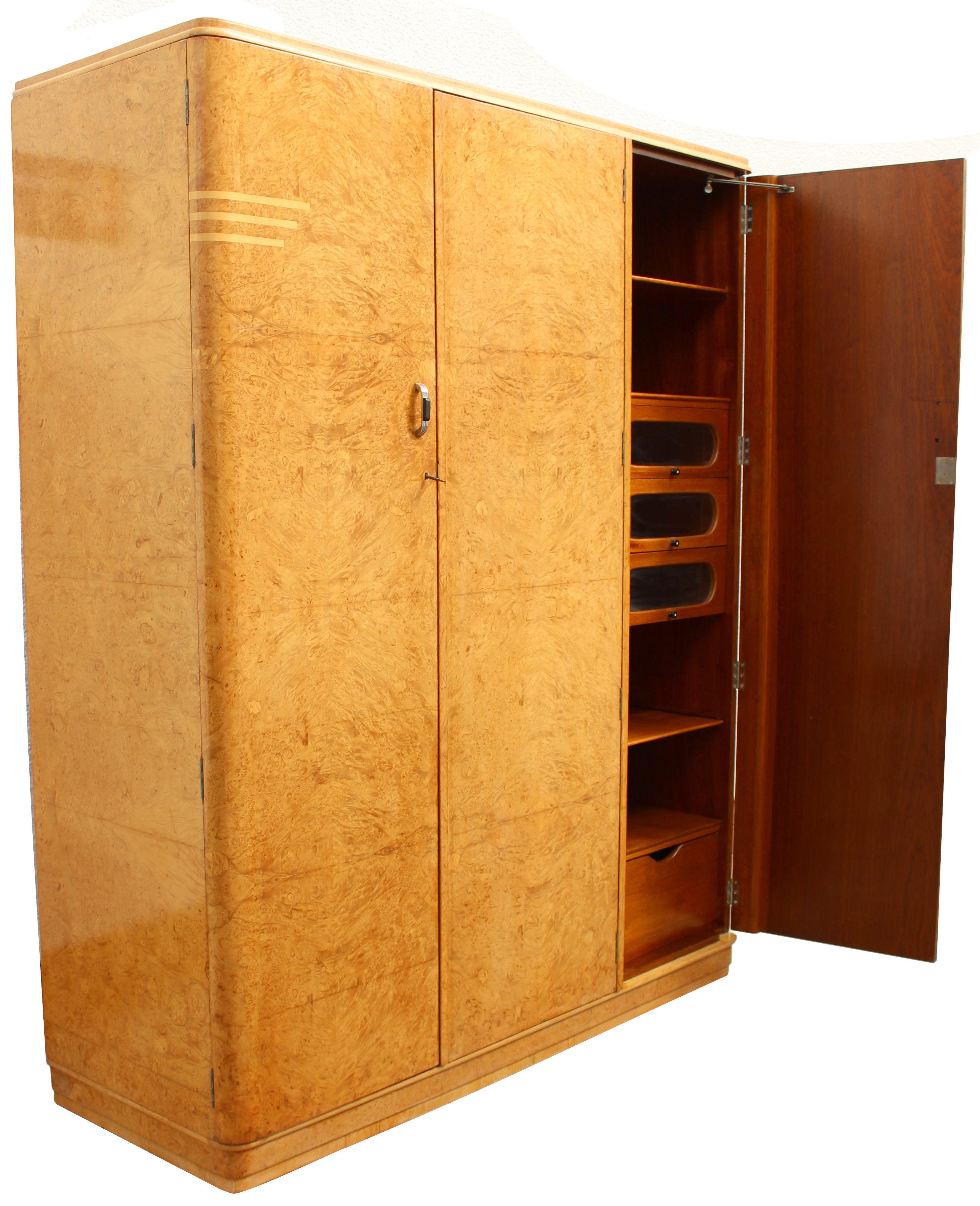 Art Deco Triple Birds Eye Maple Wardrobe, English, c1930 In Good Condition In Devon, England