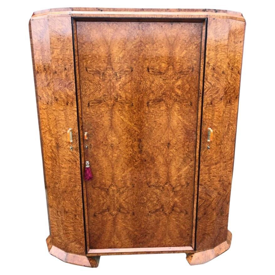 Art Deco Triple figured walnut wardrobe (flatpack) For Sale