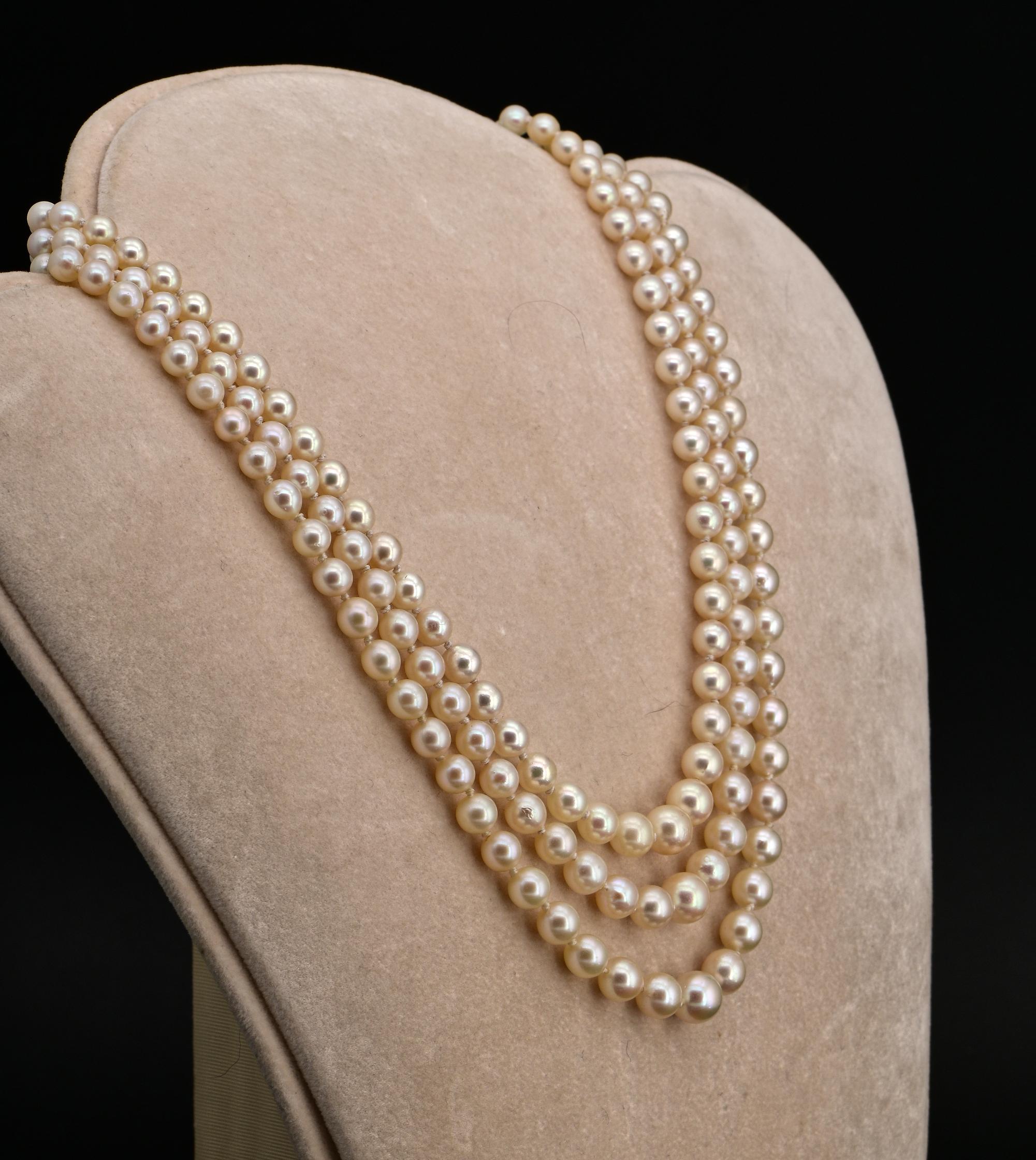 Round Cut Art Deco Triple Strand Cultured Sea Pearl Diamond Necklace For Sale