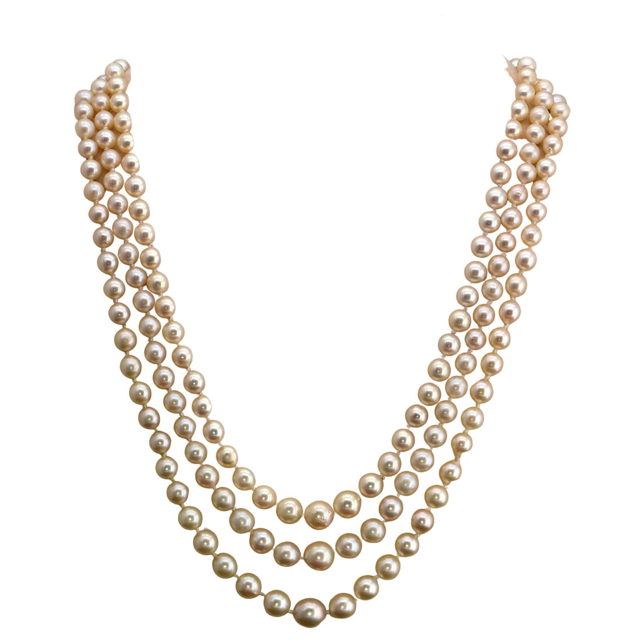 Art Deco Triple Strand Cultured Sea Pearl Diamond Necklace For Sale