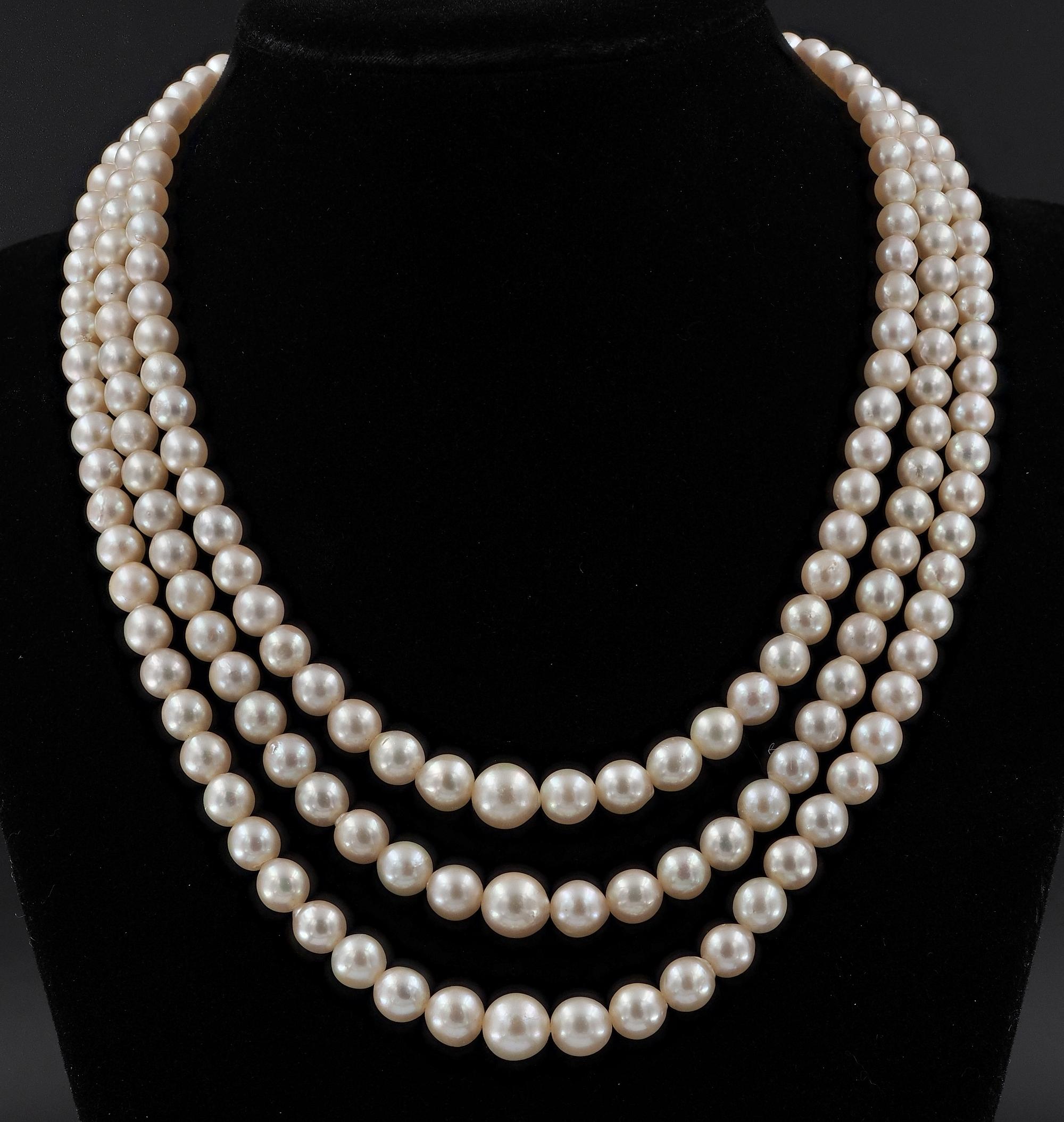 Heirloom Necklace
This super antique necklace is 1920 ca
Comprising three strands of antique cultured salt water Pearls graduating in sizes from 4.7 to 8.5 the biggest, pearls are subtle white cream and lustrous making an extraordinary classy
