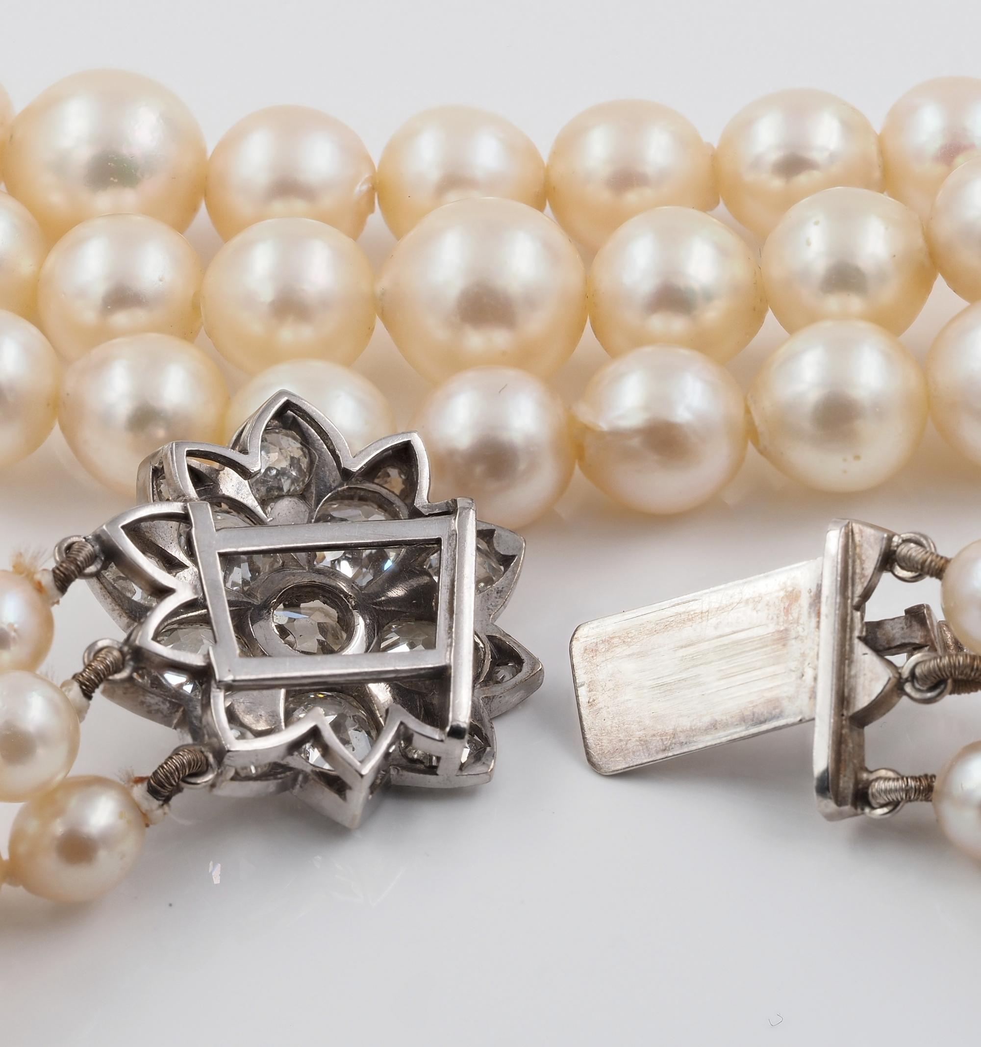 Art Deco Triple Strand Pearl 3.60 Ct Diamond Clasp Rare Necklace  For Sale 3