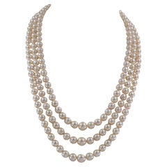 Art Deco Triple Strand Pearl 3.60 Ct Diamond Clasp Rare Necklace