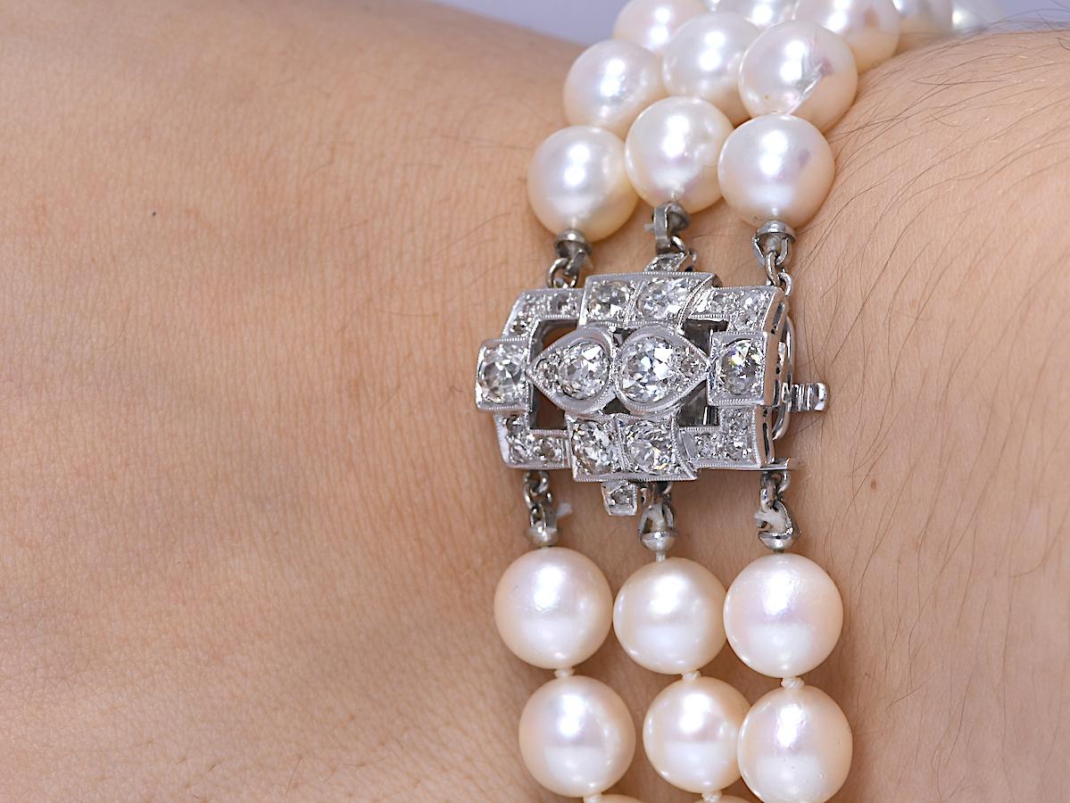 Women's Art Deco Triple Strand Pearl Bracelet with 1.8 Carat TW Platinum Clasp