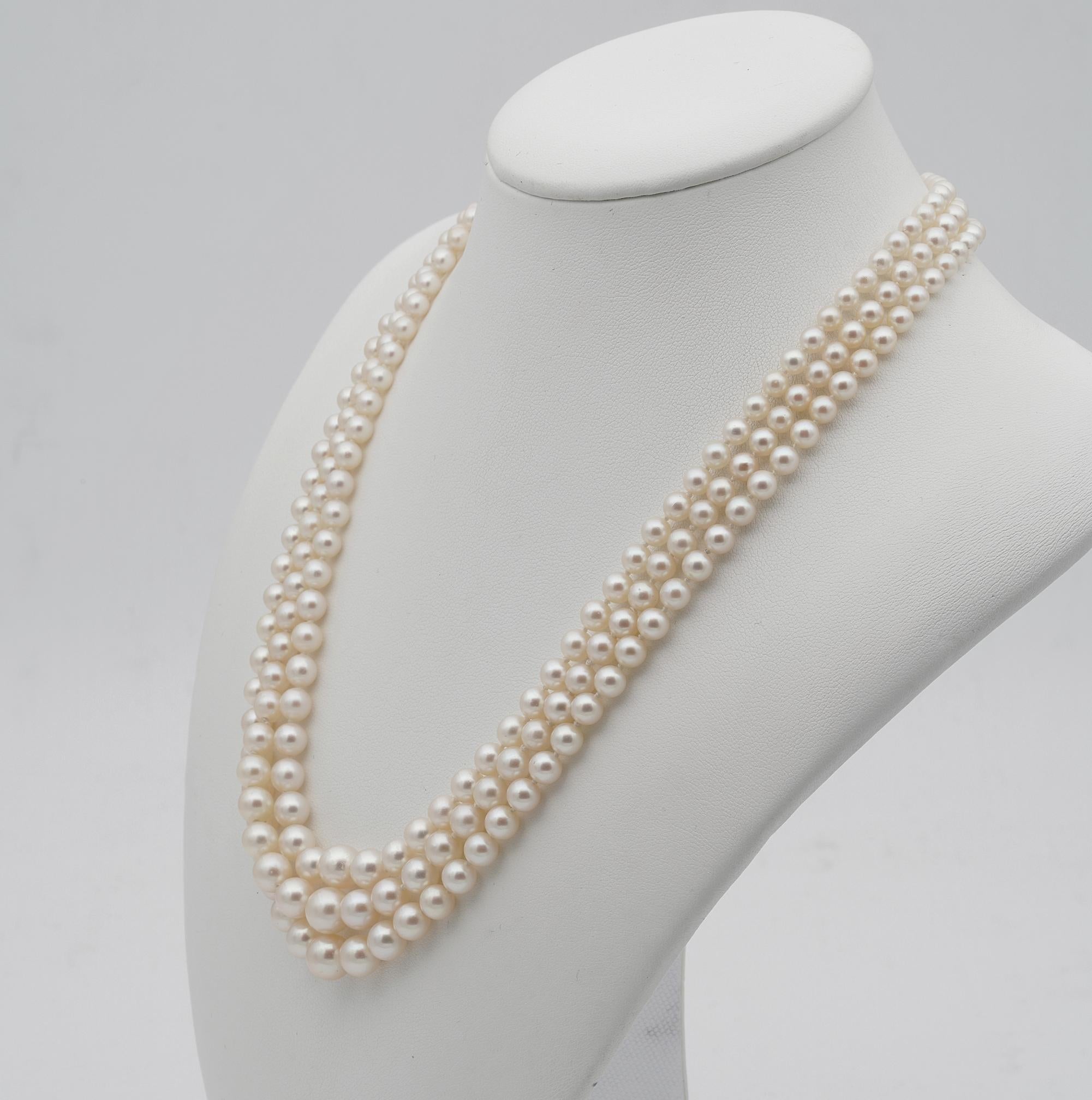 Old Mine Cut Art Deco Triple Strand Pearl Diamond Necklace, circa 1920