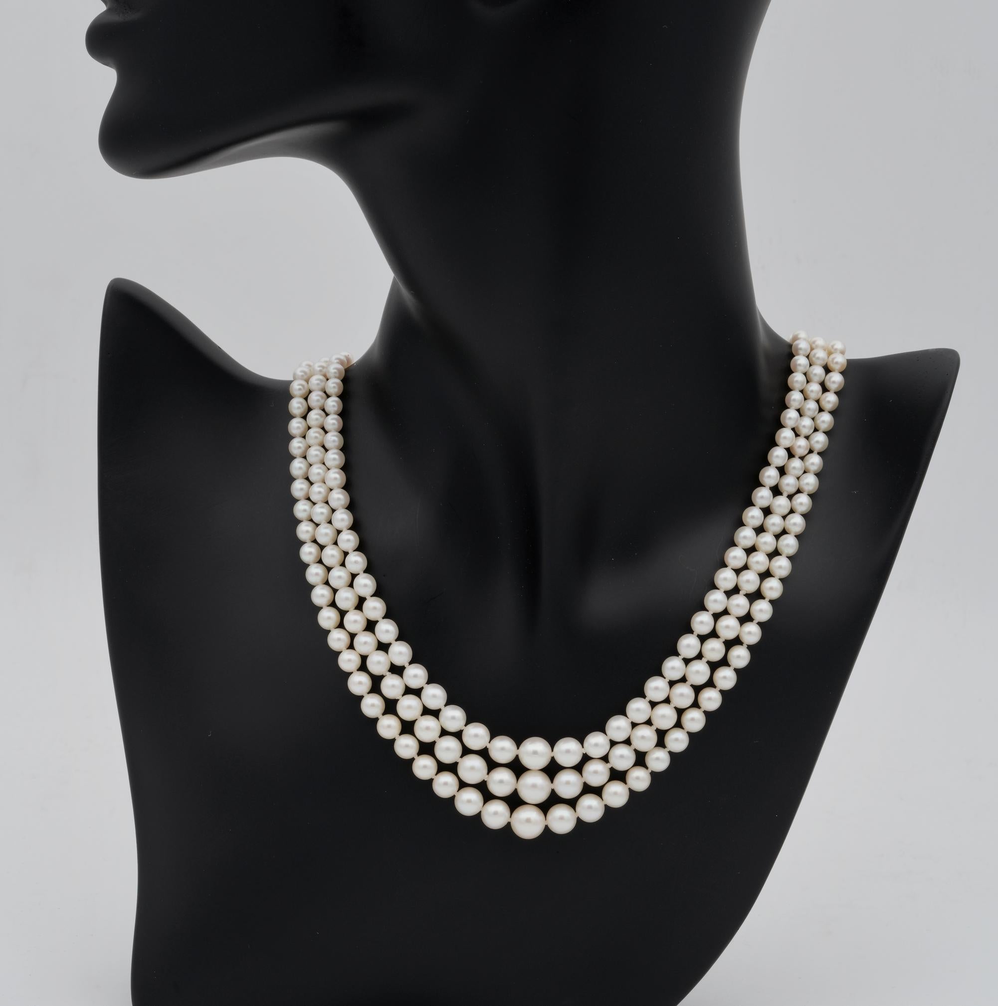 Women's Art Deco Triple Strand Pearl Diamond Necklace, circa 1920