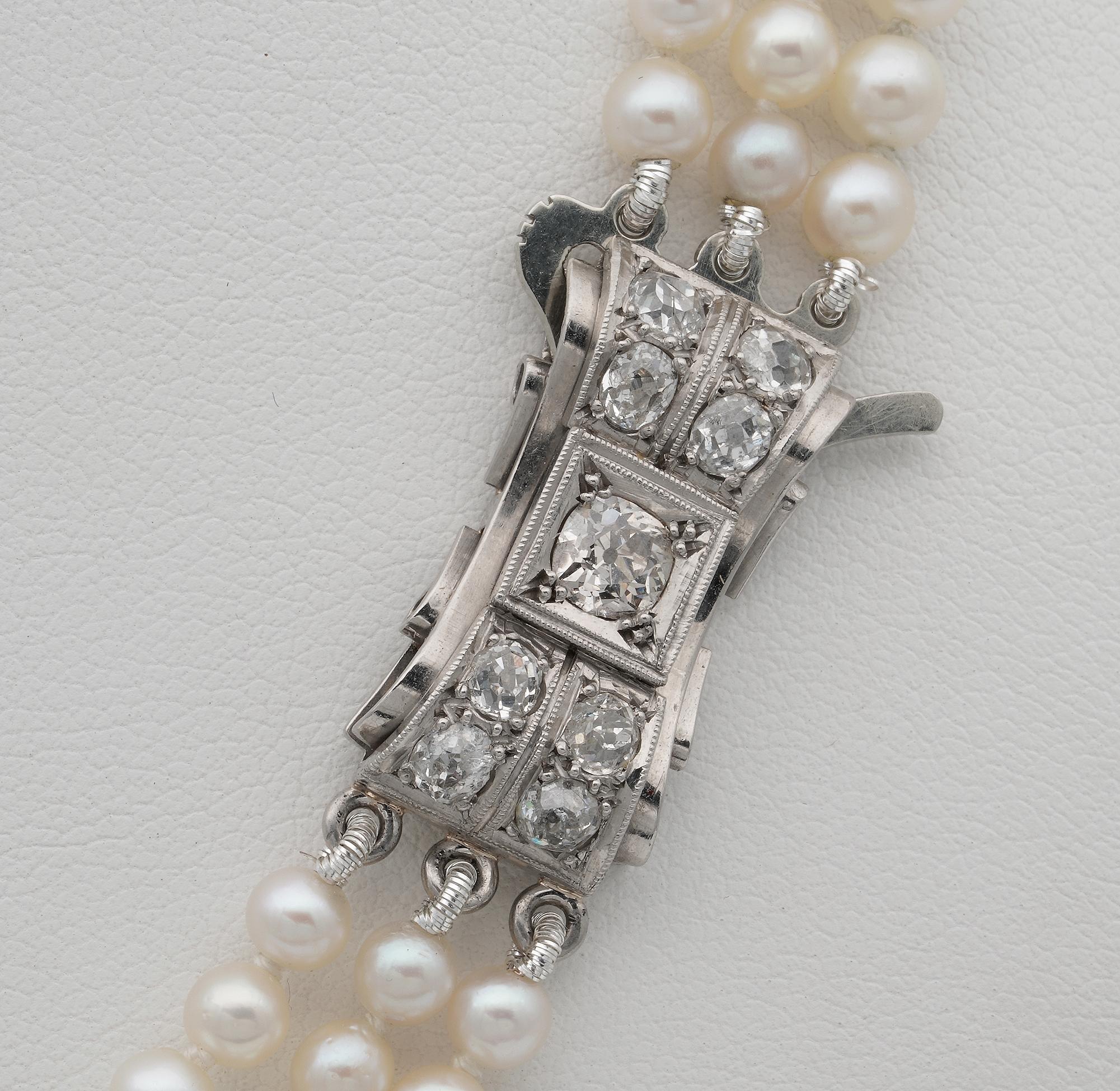 Art Deco Triple Strand Pearl Diamond Necklace, circa 1920 1