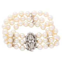 Art Deco Dreireihiges Perlen-, Gold- und Diamantarmband