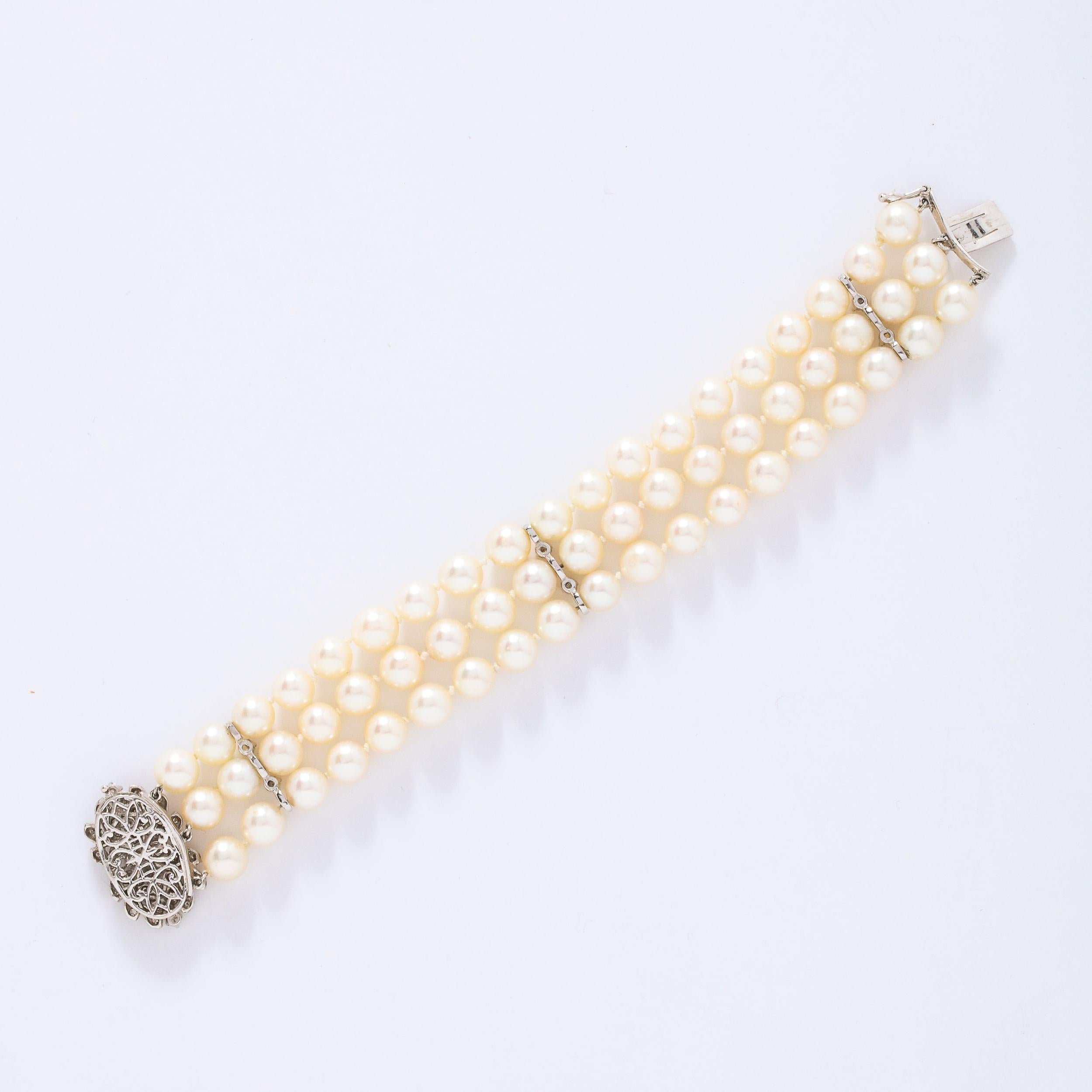 Women's Art Deco Triple Strand Pearl, Gold and Diamond Bracelet