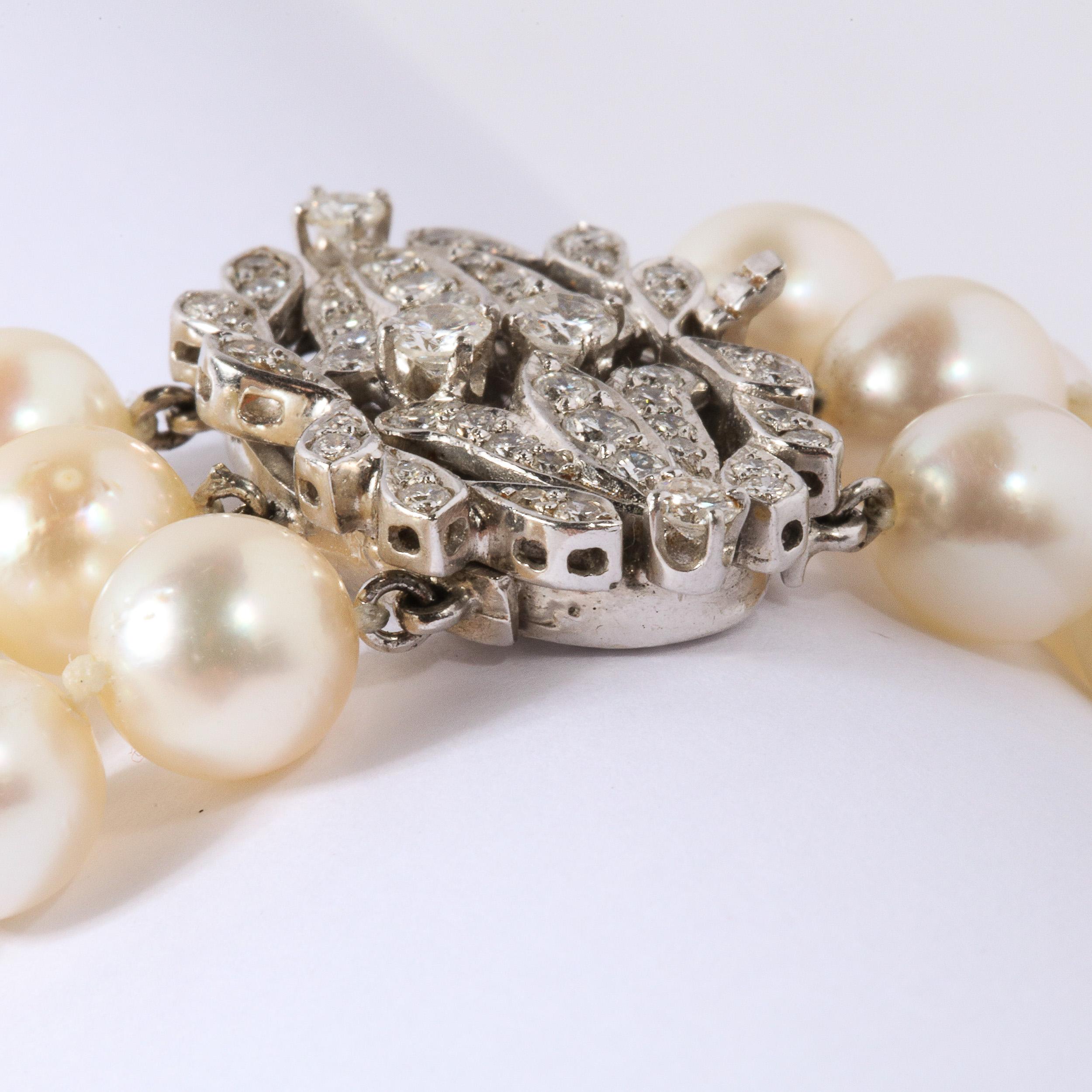 Art Deco Triple Strand Pearl, Gold and Diamond Bracelet 2
