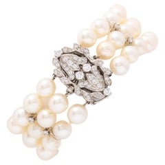 Vintage Art Deco Triple Strand Pearl, Gold and Diamond Bracelet