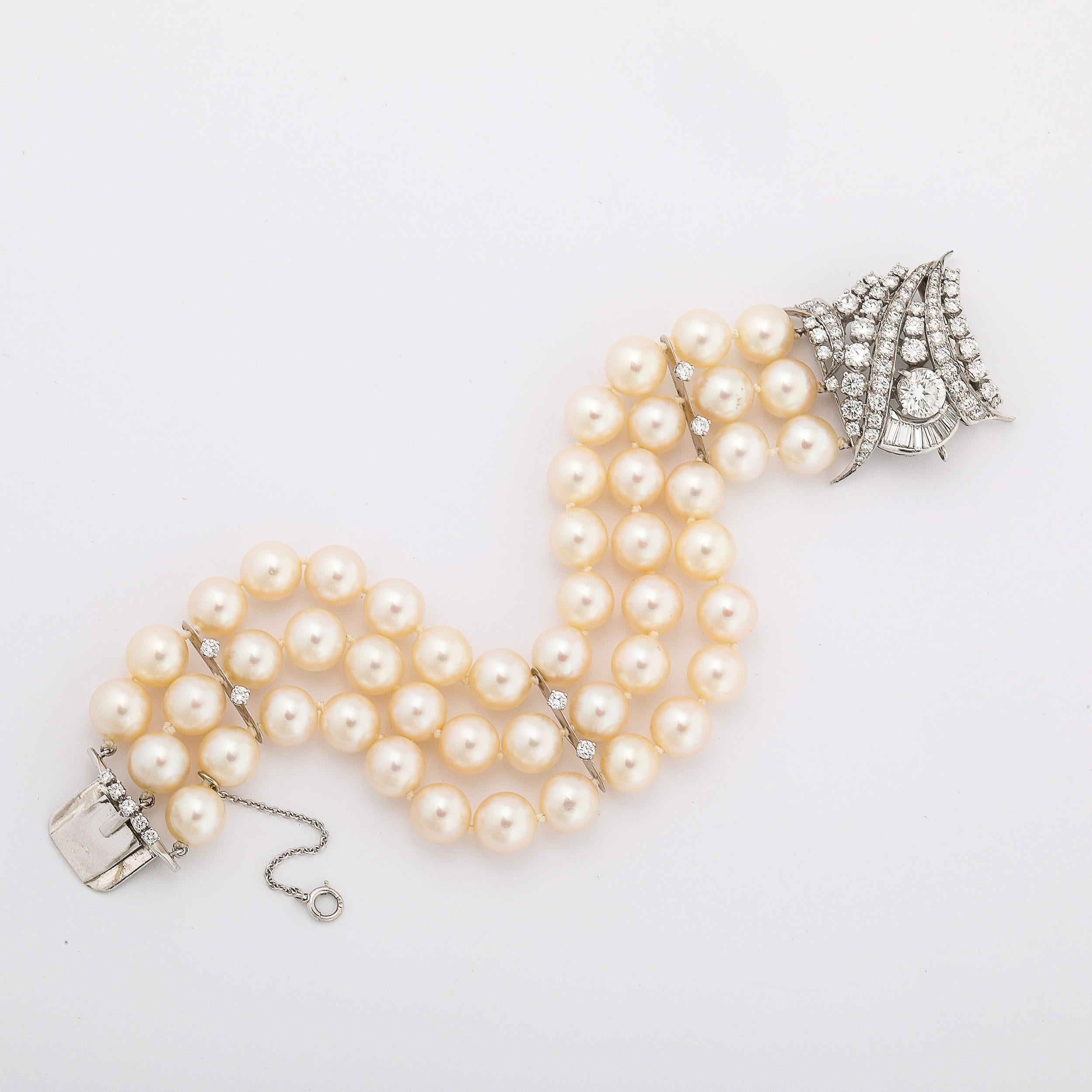 Art Deco Triple Strand Pearl, Platinum, & Diamond Bracelet 4