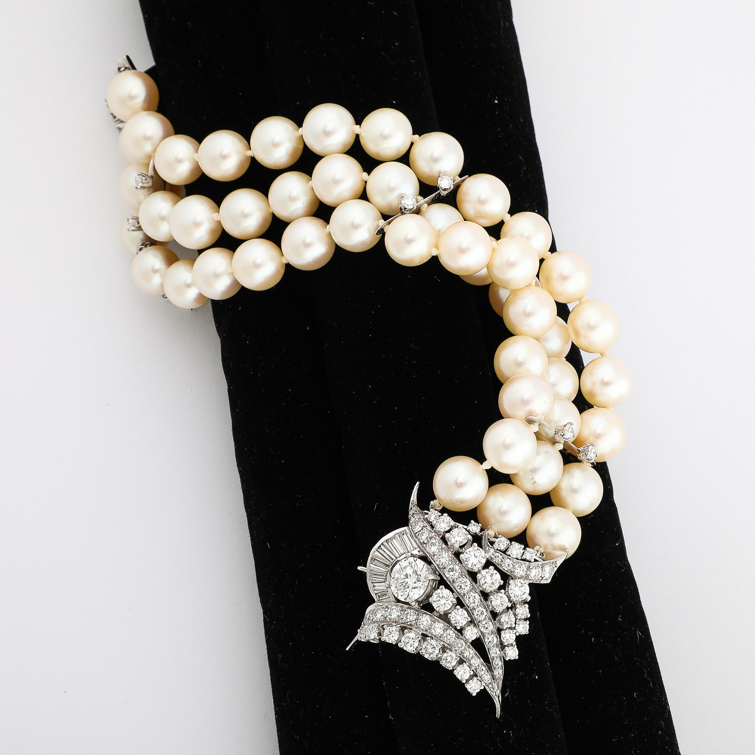 Art Deco Triple Strand Pearl, Platinum, & Diamond Bracelet 11