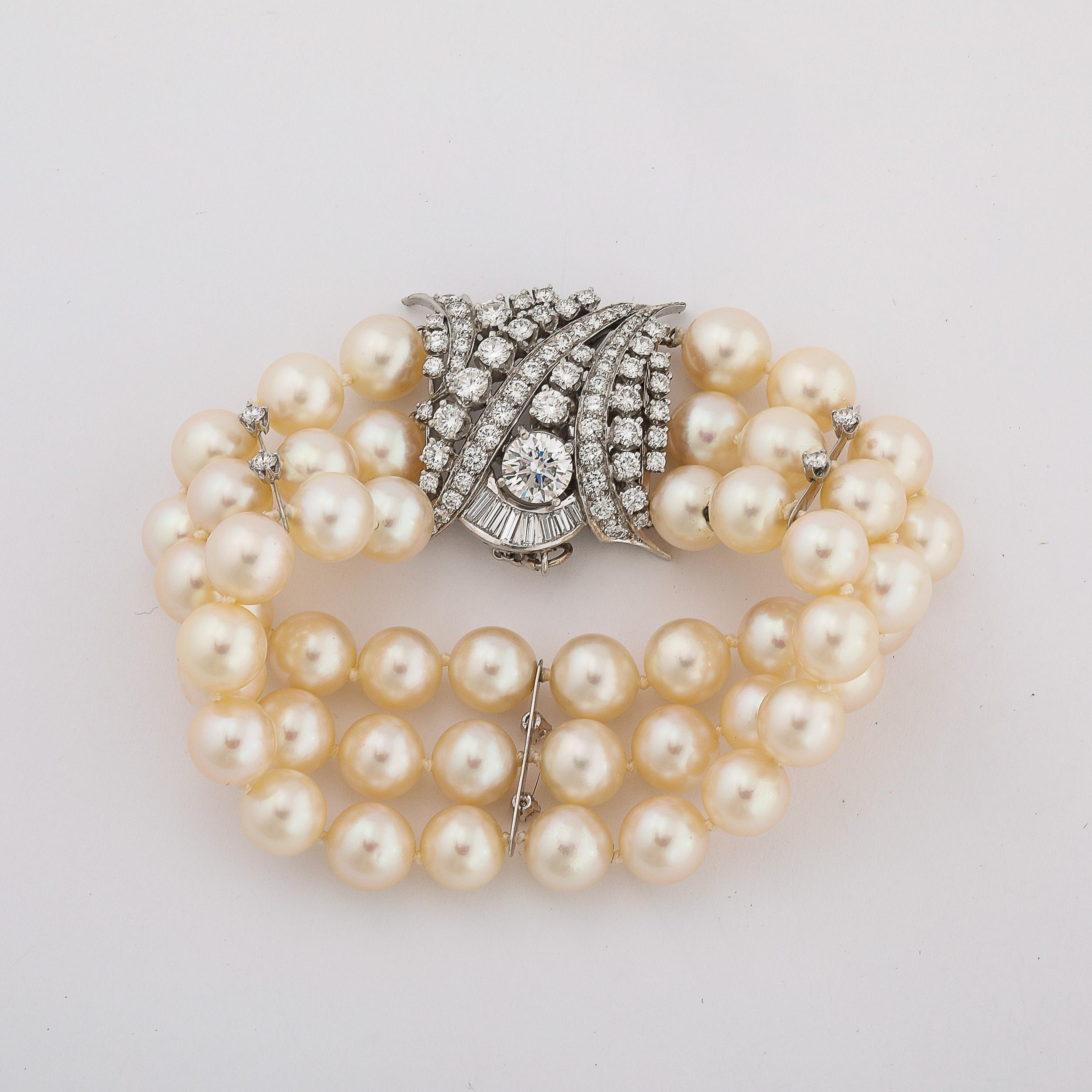 Art Deco Triple Strand Pearl, Platinum, & Diamond Bracelet 12