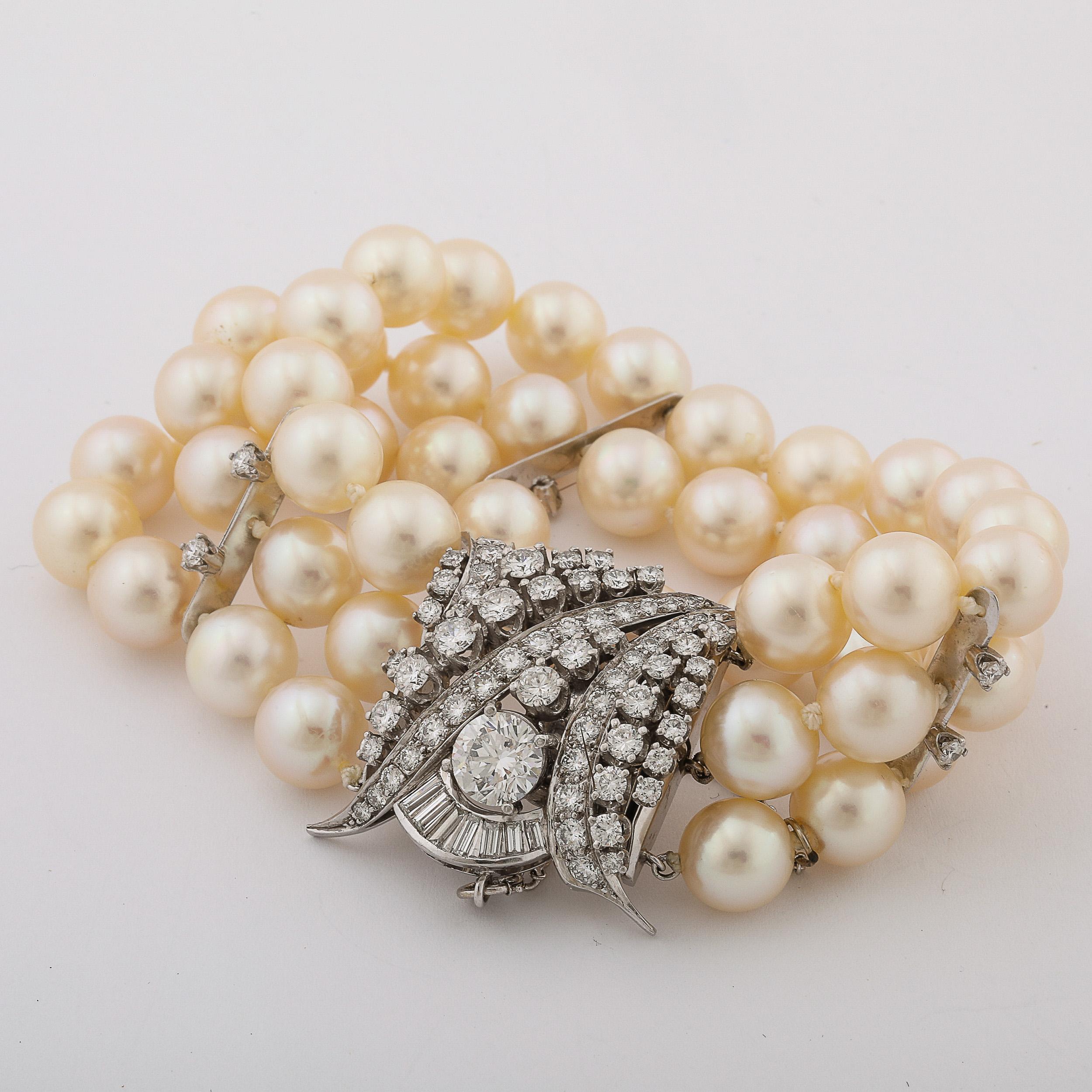 Art Deco Triple Strand Pearl, Platinum, & Diamond Bracelet 13