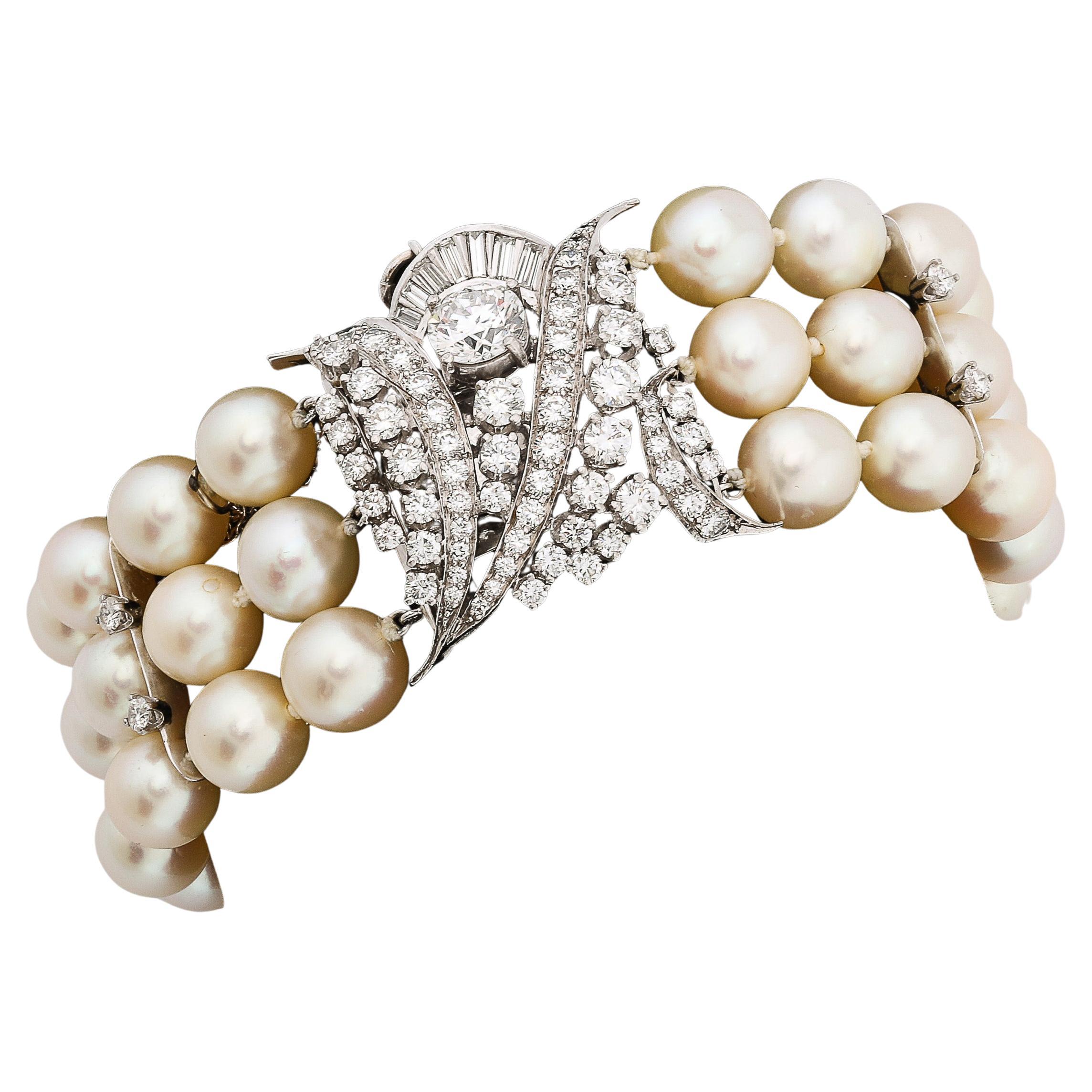 Retro Art Deco Triple Strand Pearl, Platinum, & Diamond Bracelet