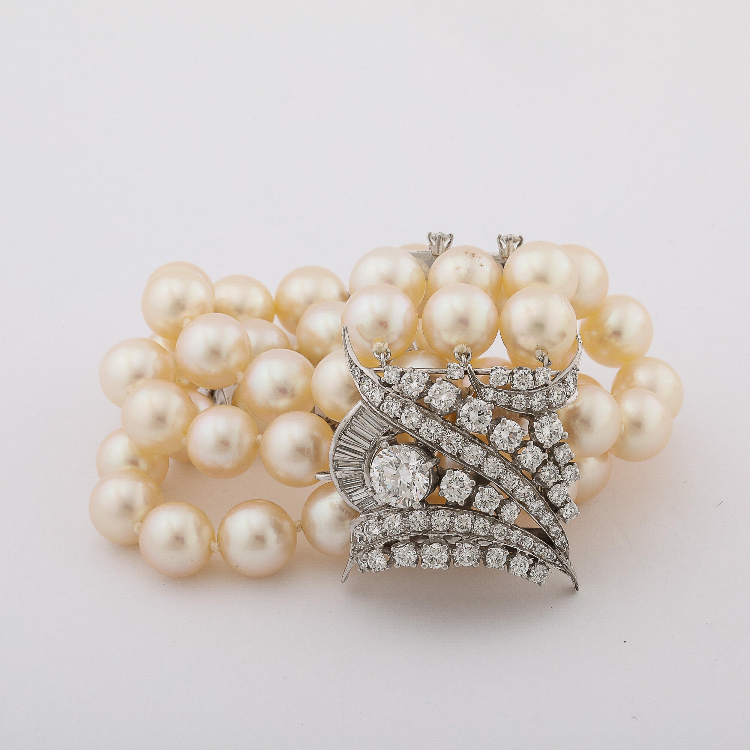 Art Deco Triple Strand Pearl, Platinum, & Diamond Bracelet 14