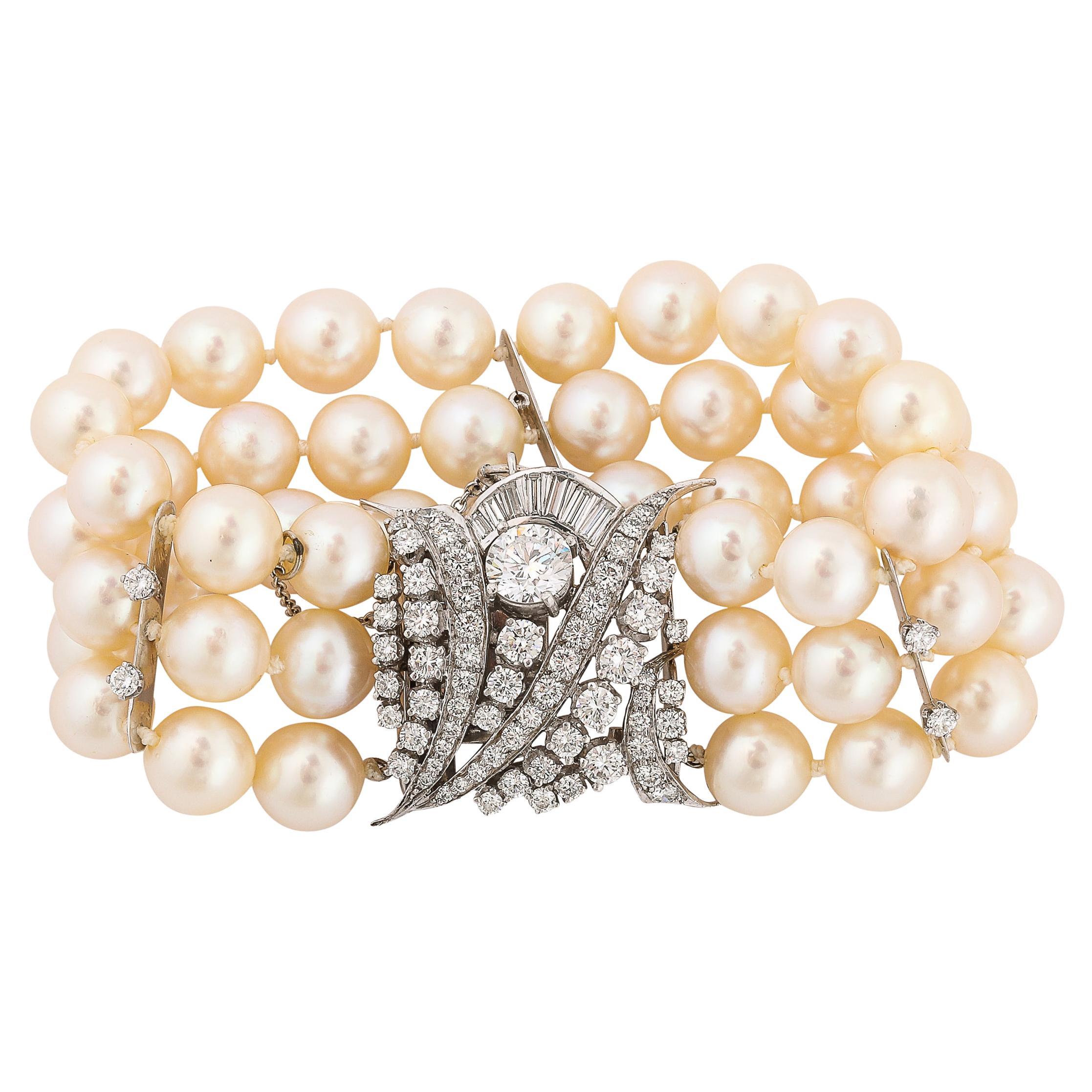 Round Cut Art Deco Triple Strand Pearl, Platinum, & Diamond Bracelet