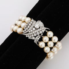 Art Deco Triple Strand Pearl, Platinum, & Diamond Bracelet