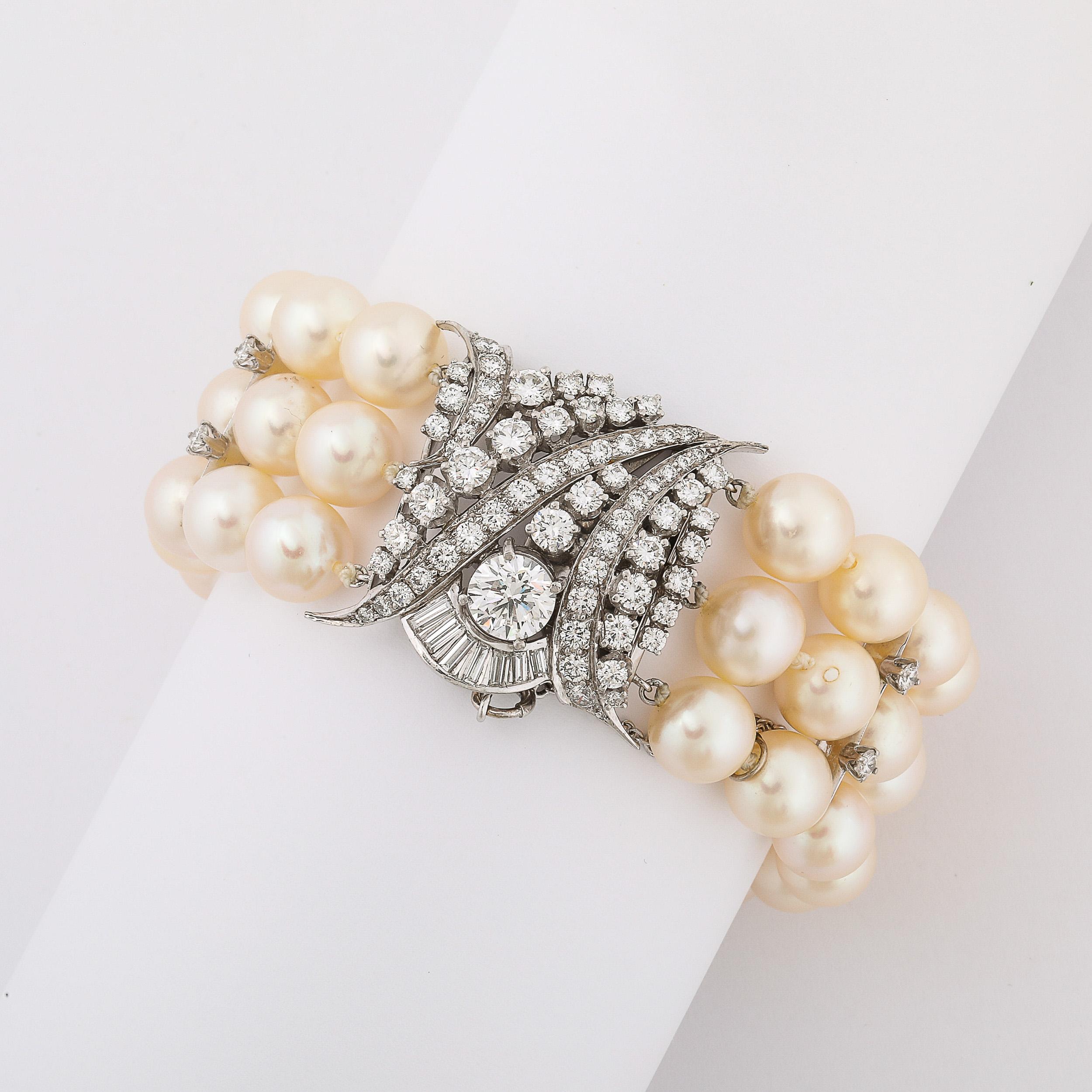 Women's or Men's Art Deco Triple Strand Pearl, Platinum, & Diamond Bracelet