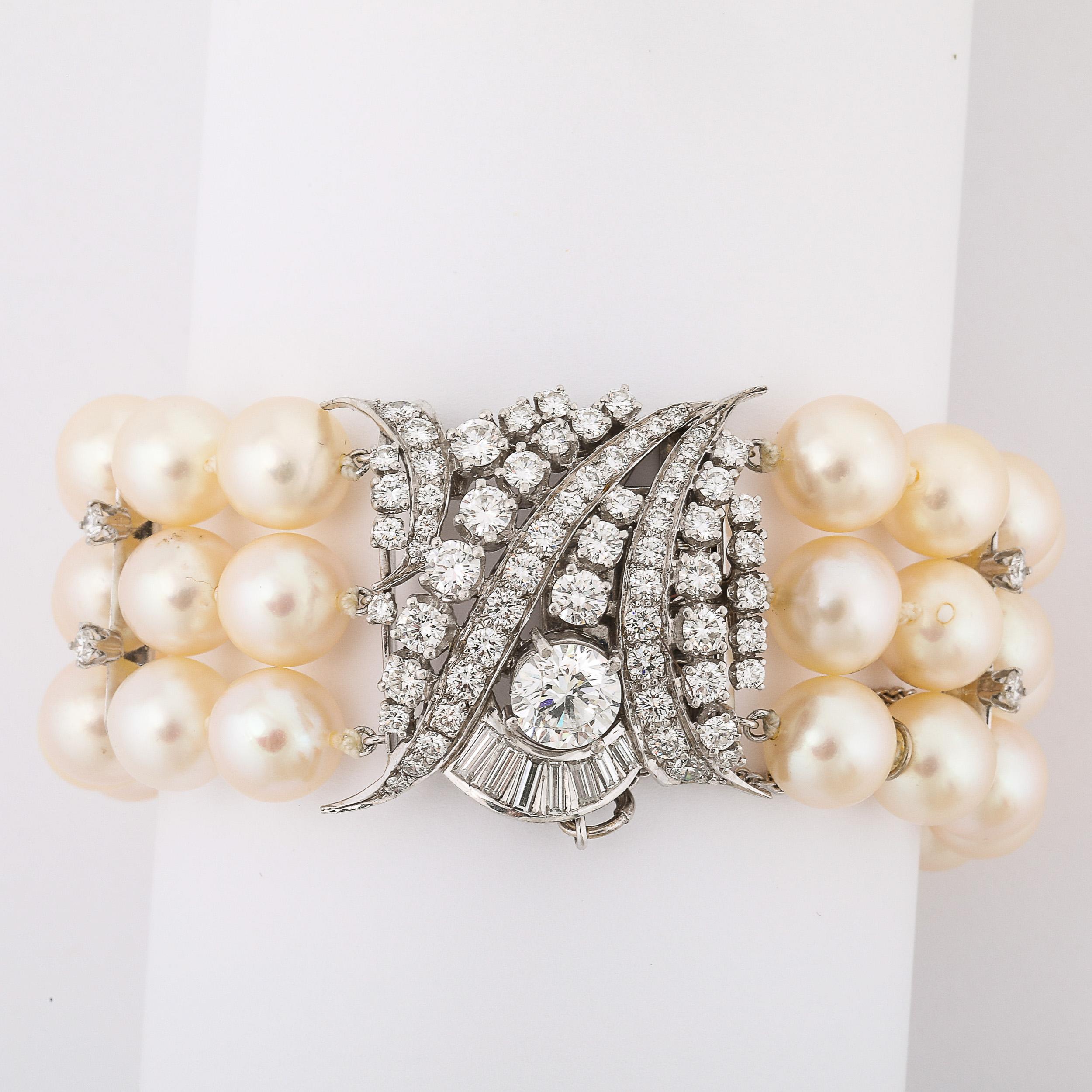 Art Deco Triple Strand Pearl, Platinum, & Diamond Bracelet 1