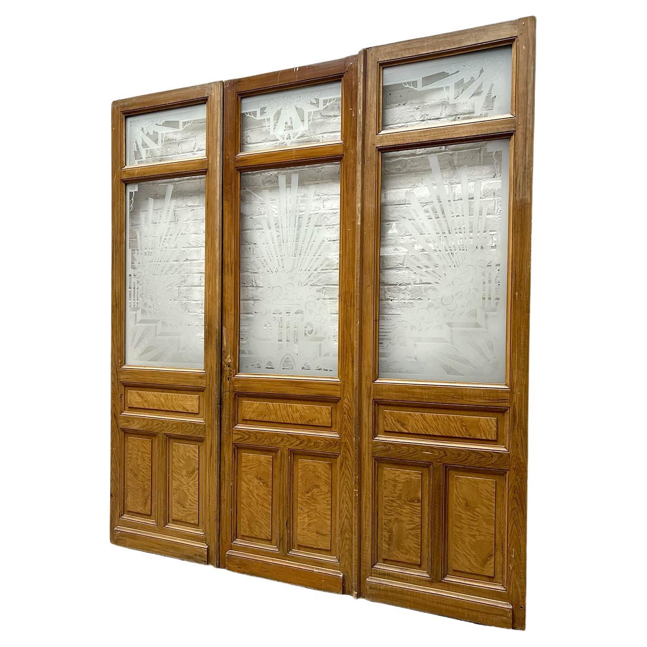 Art Deco Triptych of Etched Glass Doors, France, 1920s For Sale