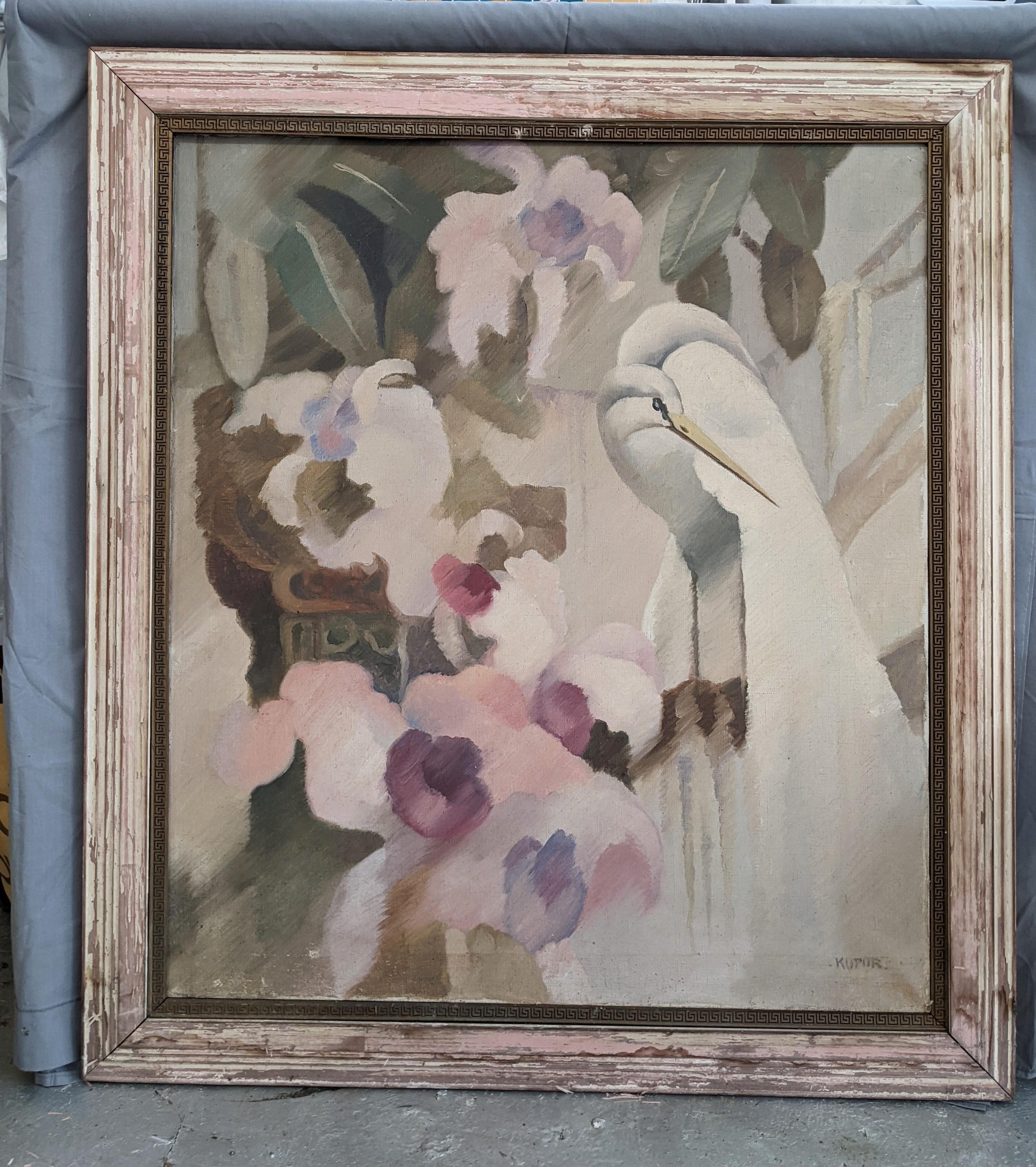 Large Rare Vintage 1940’s Artist Ruben Kupur Oil painting of Art Deco Tropical scene with herons within a scene of lush tropical orchids. 
Ruben Kupur was born In the Russian Federation In 1887 and set up an art studio in Chicago, Illinois in 1923.