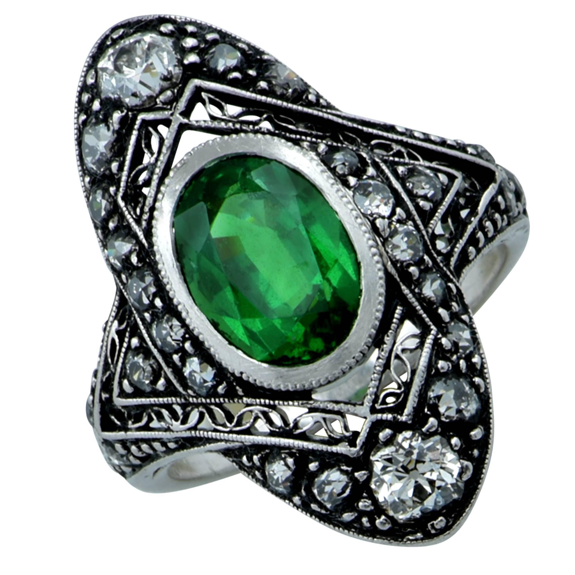 Art Deco Tsavorite Garnet and Old European Diamond Ring