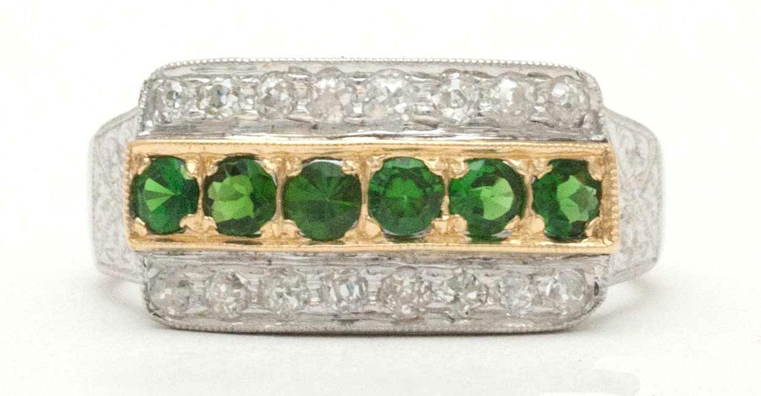 Art Deco Tsavorite Garnet Diamond Hand Engraved Wedding Band In Good Condition For Sale In Santa Barbara, CA