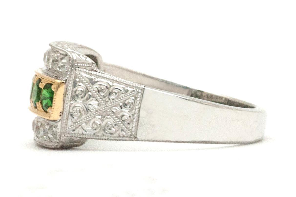 Women's or Men's Art Deco Tsavorite Garnet Diamond Hand Engraved Wedding Band For Sale