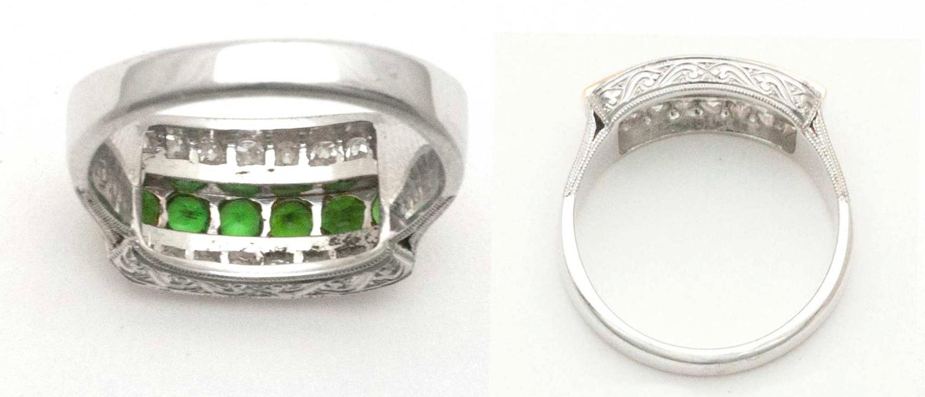 Art Deco Tsavorite Garnet Diamond Hand Engraved Wedding Band For Sale 1