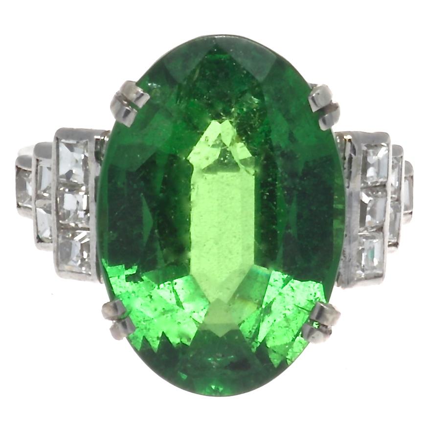 Oval Cut Art Deco Tsavorite Garnet Diamond Platinum Ring