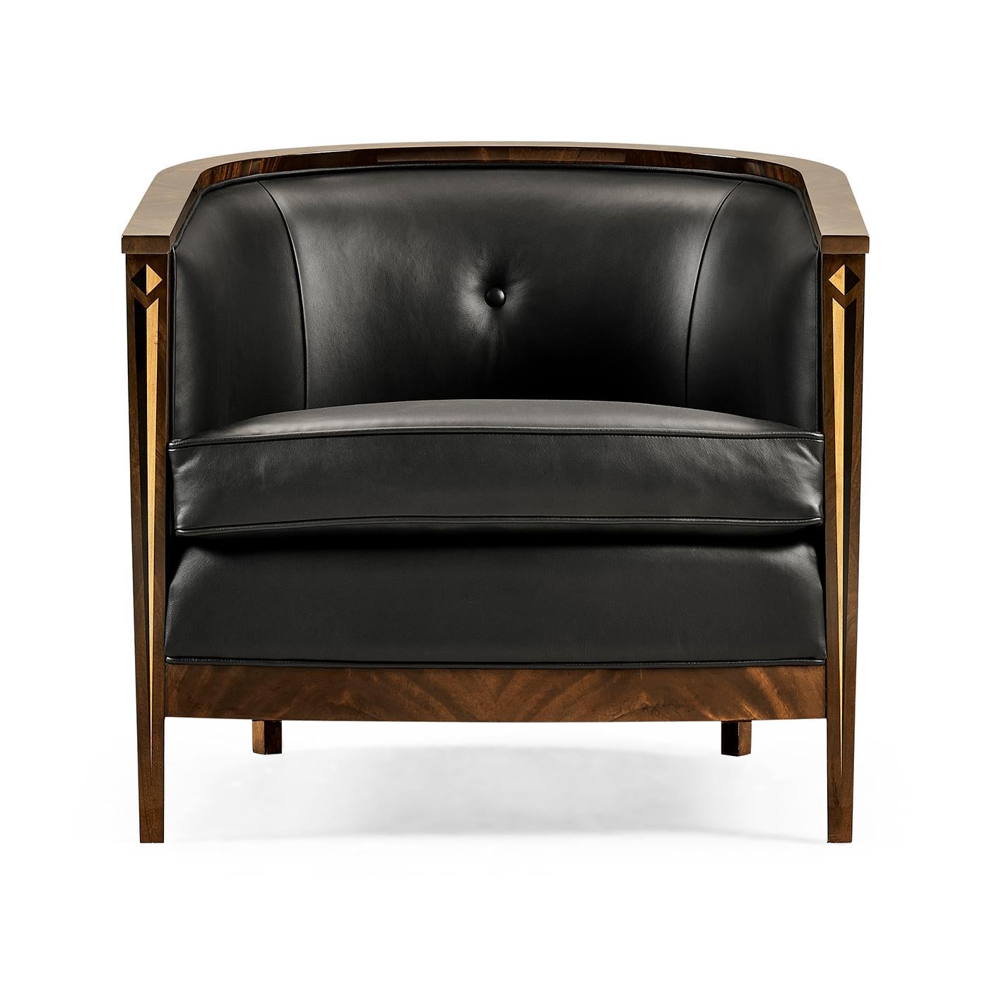 A striking statement piece that embodies both luxury and sophistication. Crafted from rich mahogany with an antique brown finish, this exquisite chair features a fully upholstered black leather seat and backrest, offering comfort and timeless