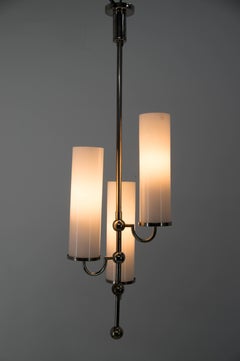 1930s Art Deco Tubular Chandelier with Opaline Glass & Nickel