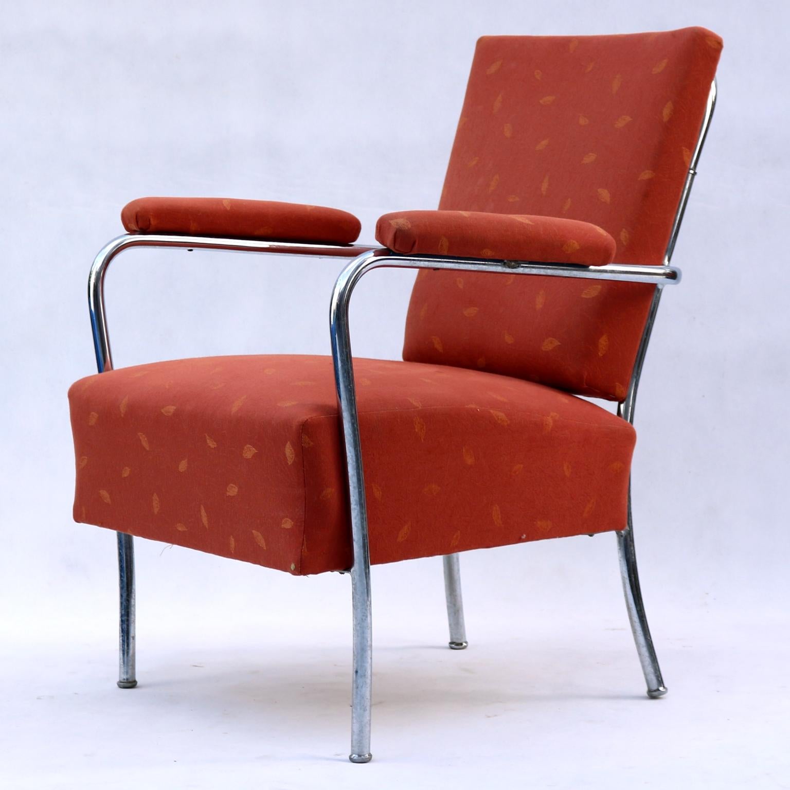 Czechoslovakian tubular chrome armchairs, 1930s. The upholstery was probably replaced in the past. Chrome is in good condition.