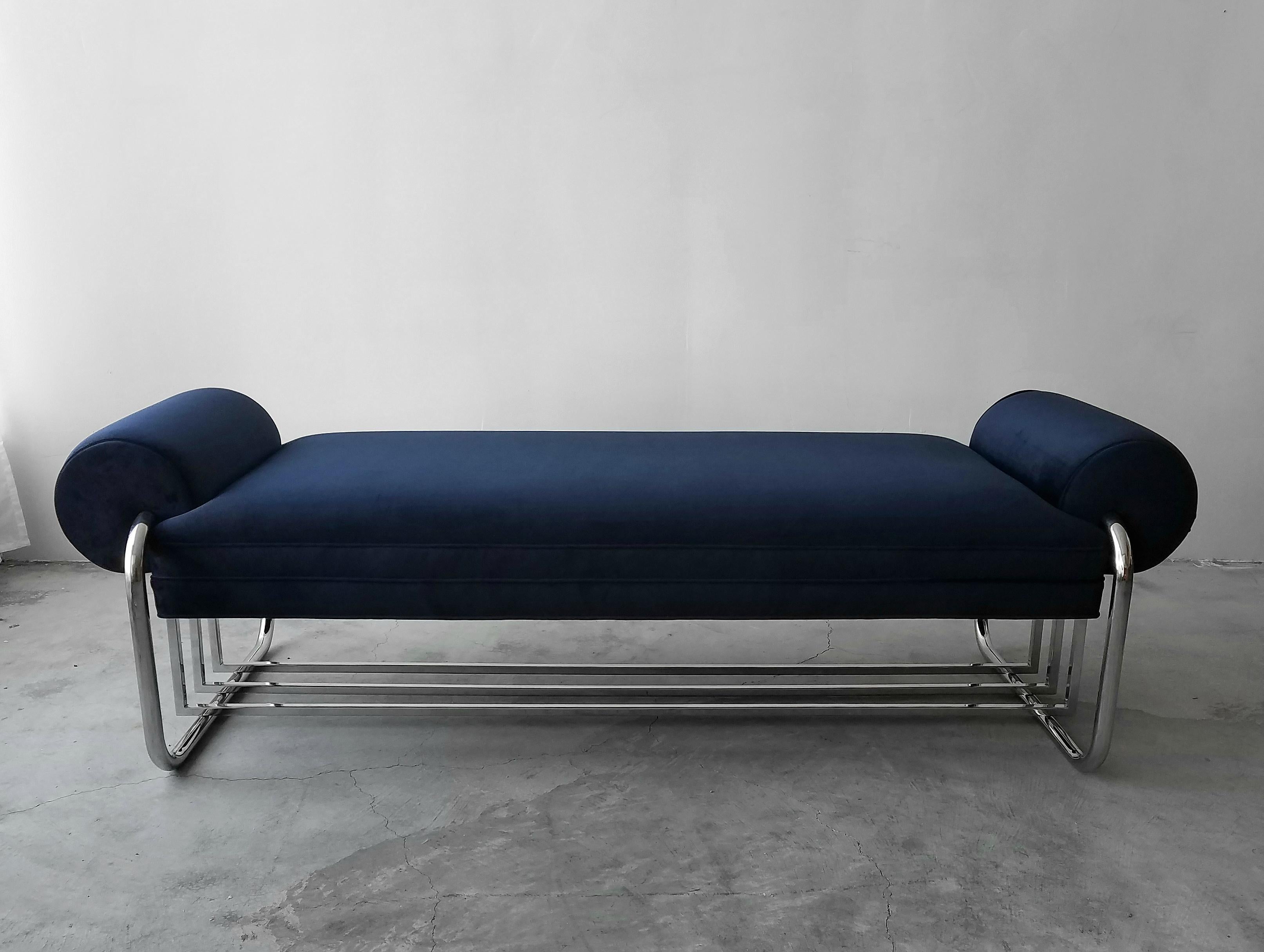 Beautiful Art Deco Machine Age streamline bench by Donald Deskey. Designed in 1934, this piece holds true to how timeless great design truly is. At 6ft in length, it is perfect almost anywhere, entry, foot of a bed or as additional seating in any