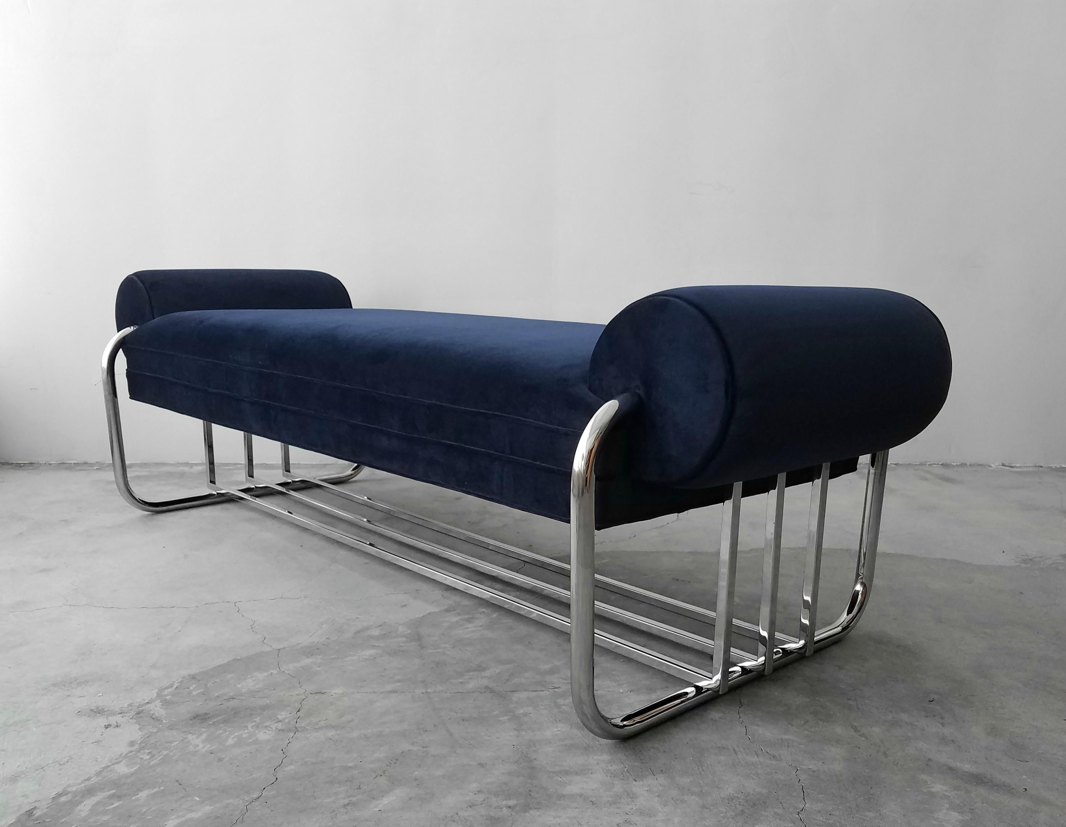 Beautiful Art Deco Machine Age streamline bench by Donald Deskey. Designed in 1934, this piece holds true to how timeless great design truly is. At 6ft in length, it is perfect almost anywhere, entry, foot of a bed or as additional seating in any