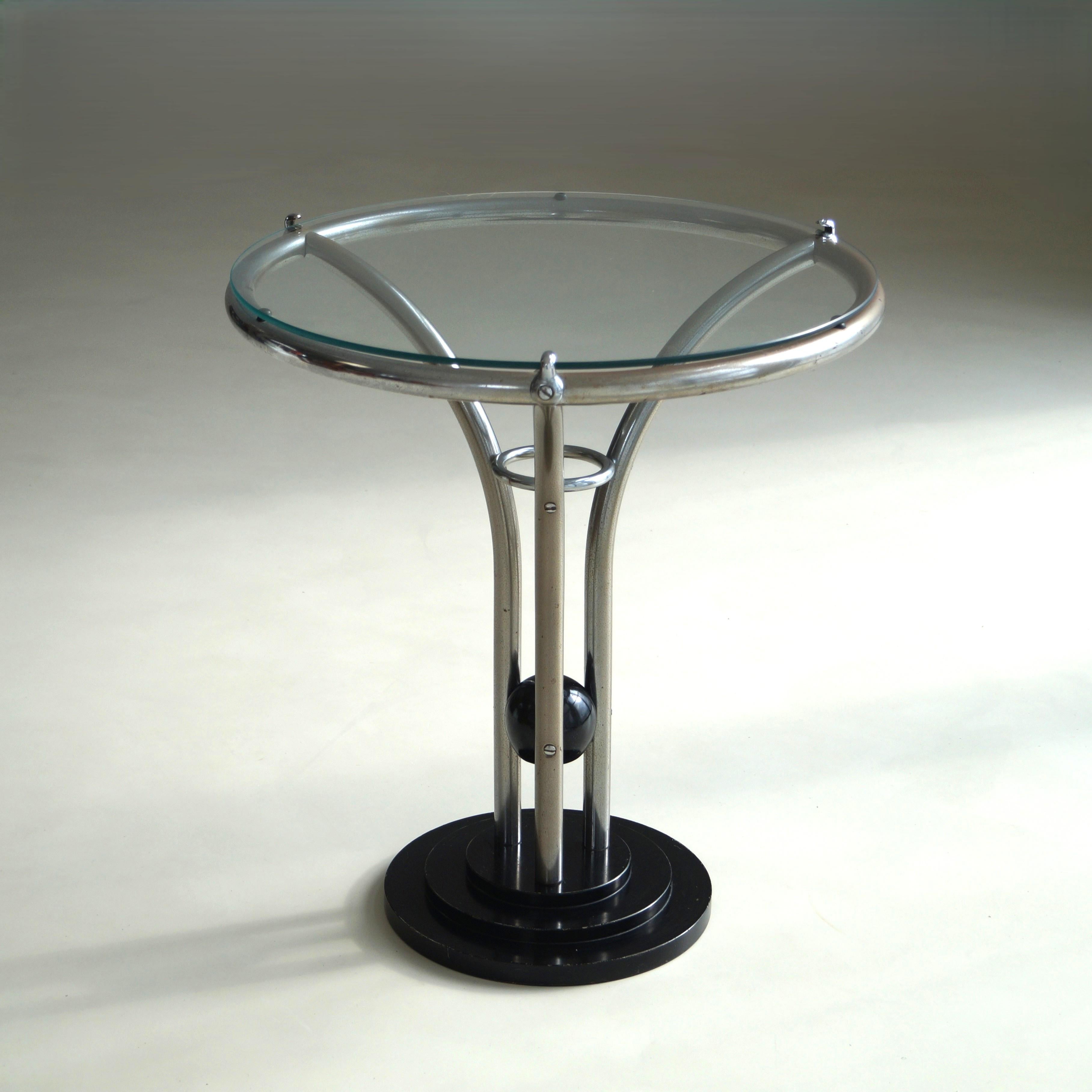 Streamlined Moderne Art Deco Tubular Chrome, Black Ball and Glass Top Side Table, ca. 1935 For Sale