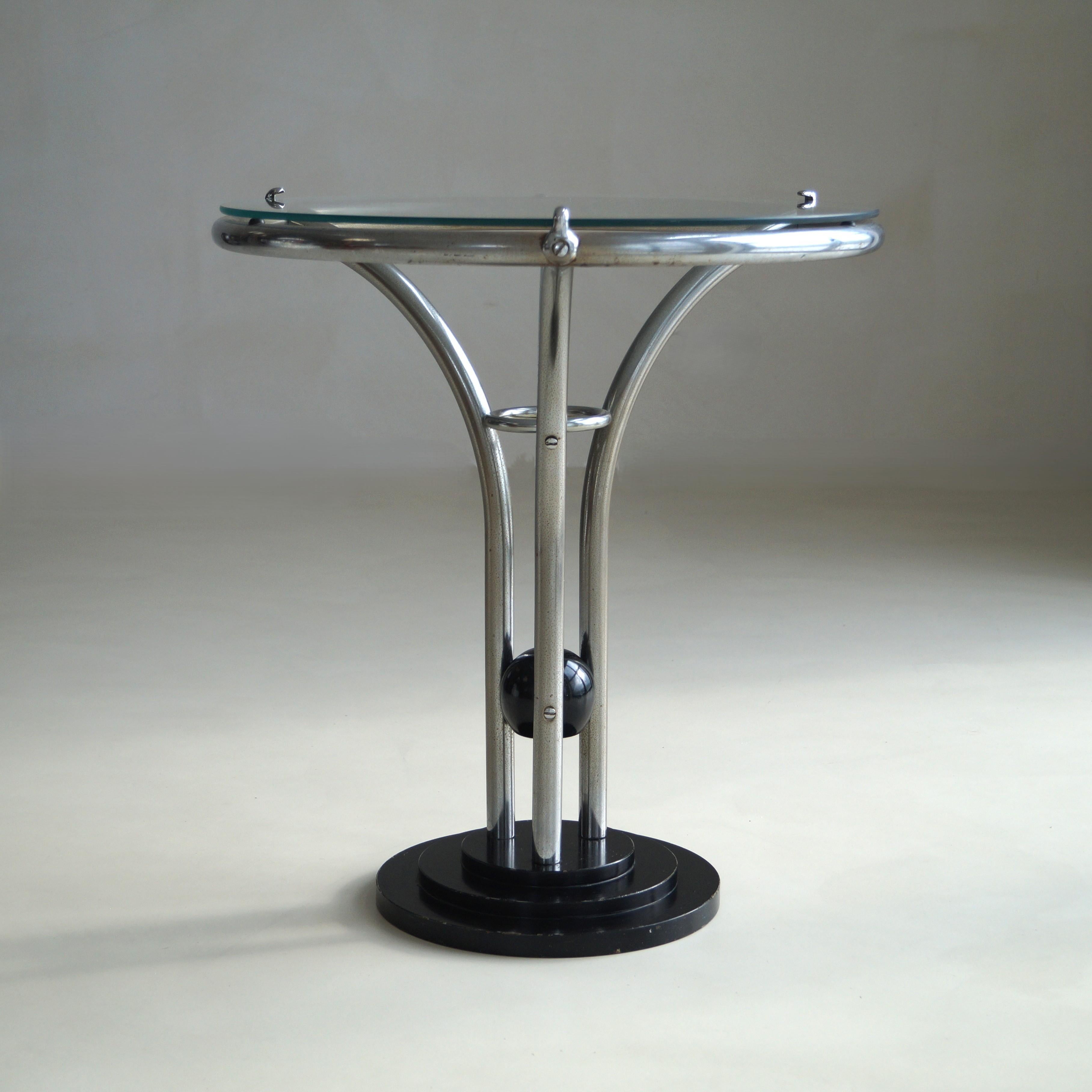 Dutch Art Deco Tubular Chrome, Black Ball and Glass Top Side Table, ca. 1935 For Sale