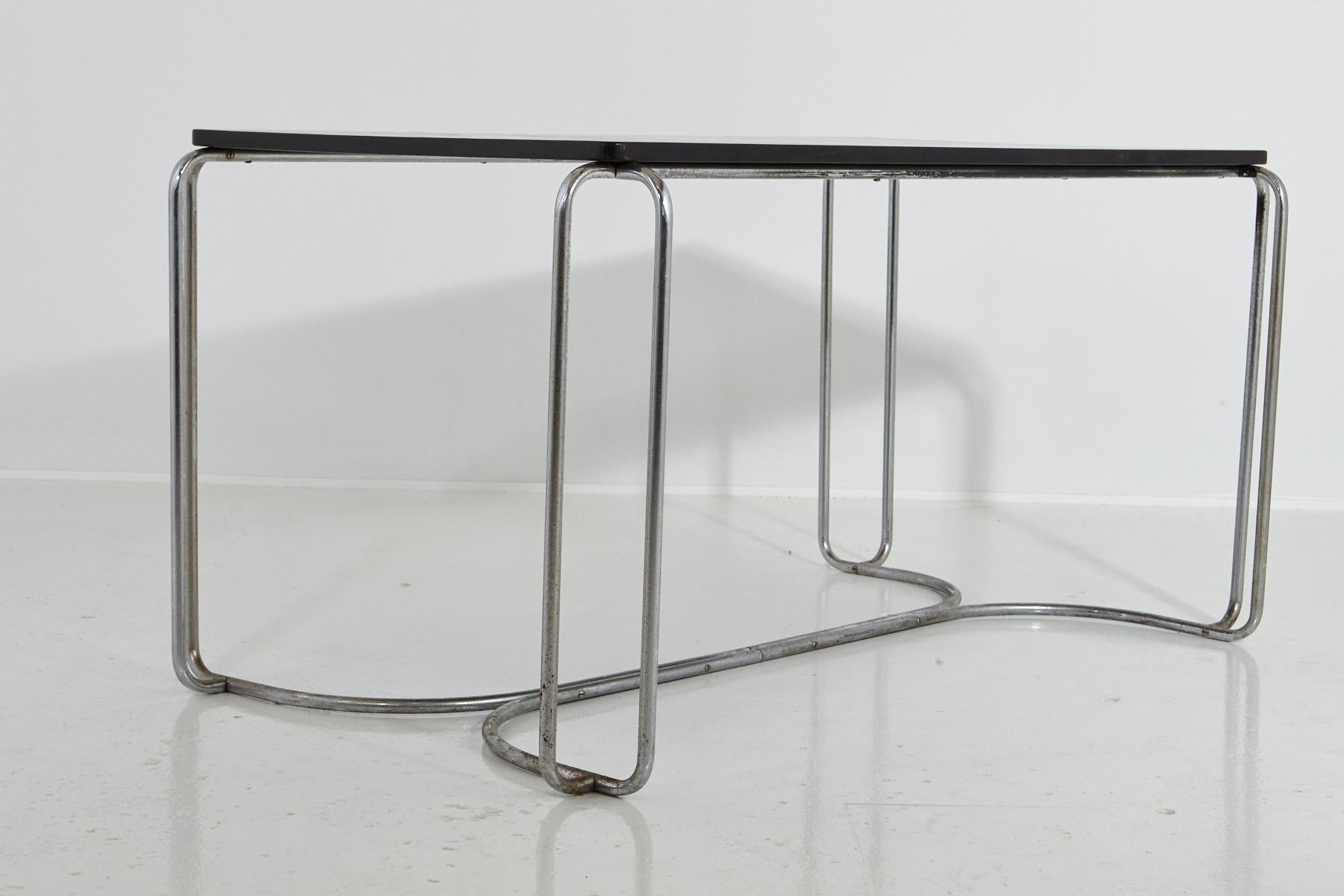 Art Deco Tubular Chrome Desk/Library Black Top Table Attrib to Wolfgang Hoffmann In Fair Condition For Sale In Pau, FR