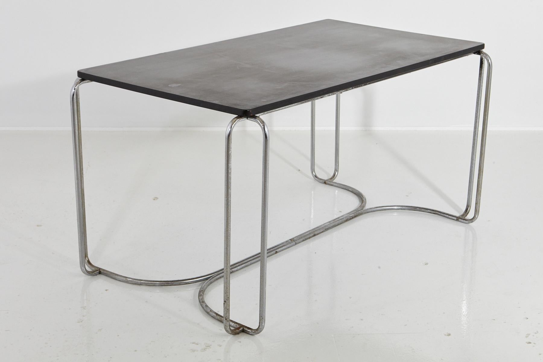 Mid-20th Century Art Deco Tubular Chrome Desk/Library Black Top Table Attrib to Wolfgang Hoffmann For Sale
