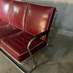 Art Deco Tubular Chrome Red Vinyl Sofa Attr, Lloyd Mfg