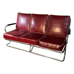 Art Deco Tubular Chrome Red Vinyl Sofa Attr, Lloyd Mfg