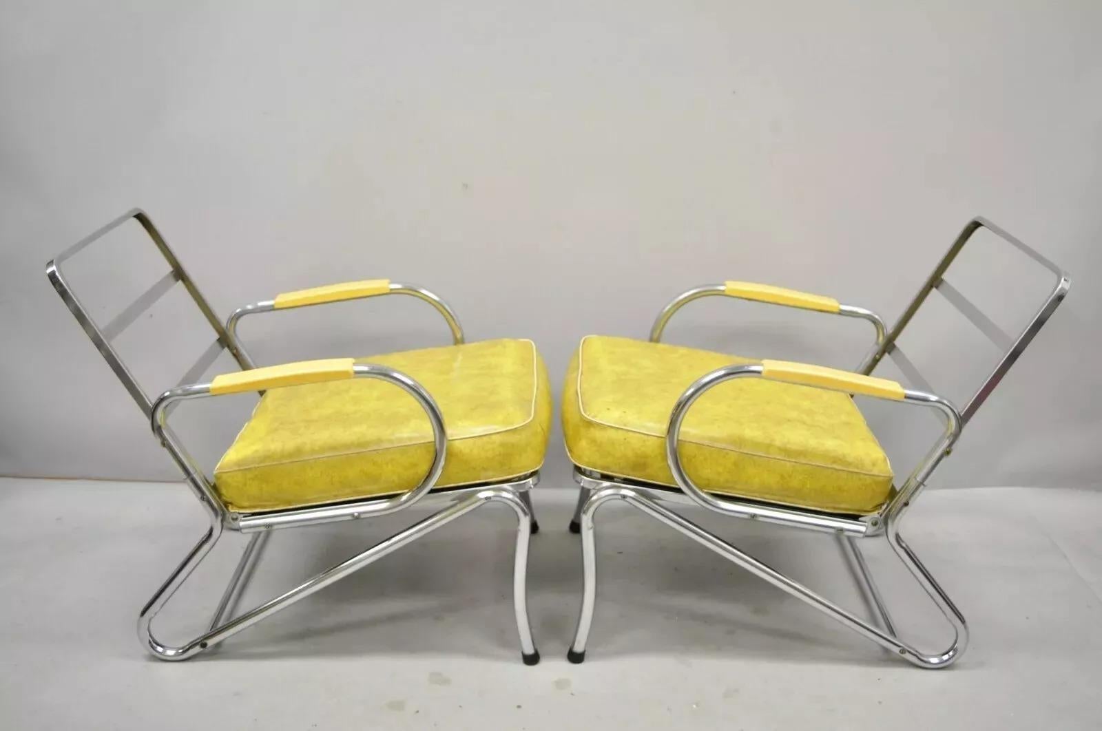 Art Deco Tubular Chrome Yellow Vinyl Club Lounge Arm Chair Attr Lloyd Mfg - Pair For Sale 5