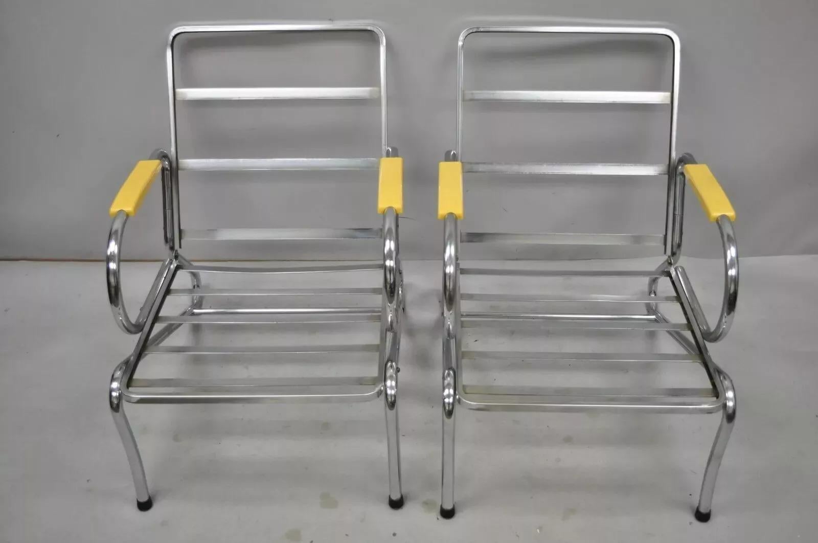 Art Deco Tubular Chrome Yellow Vinyl Club Lounge Arm Chair Attr Lloyd Mfg - Pair For Sale 6