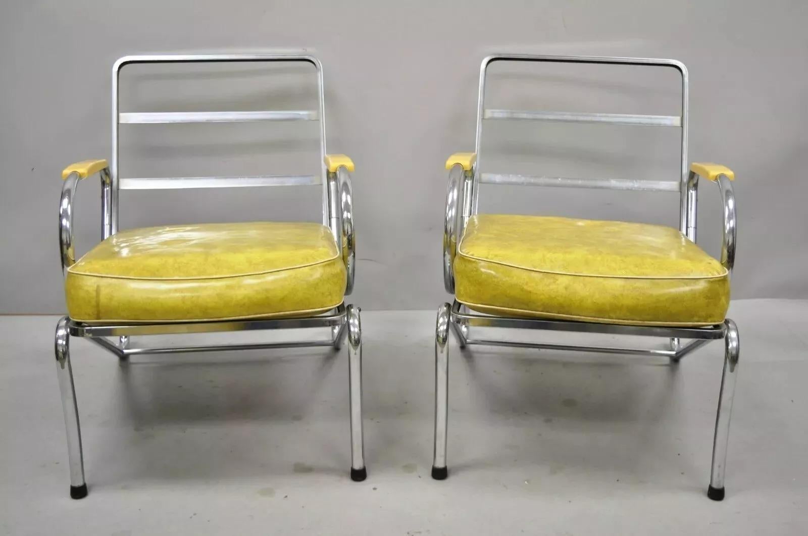 Art Deco Tubular Chrome Yellow Vinyl Club Lounge Arm Chair Attr Lloyd Mfg - Pair For Sale 7