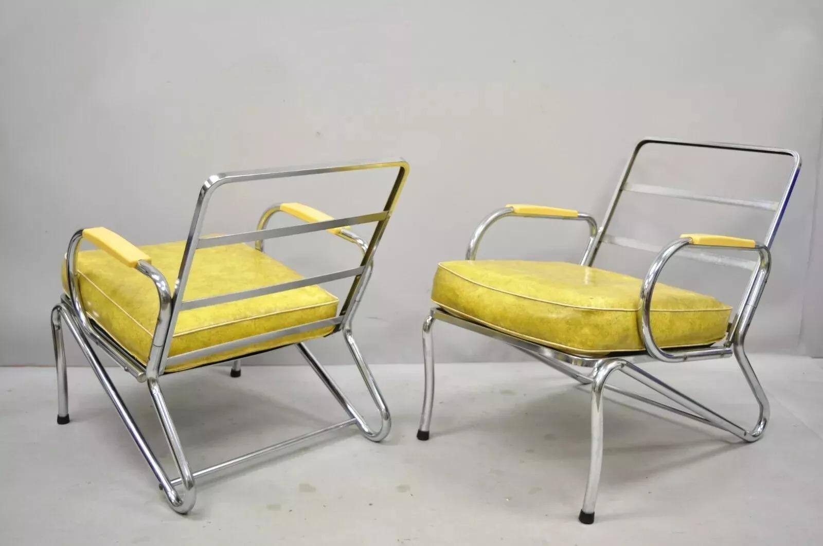 Unknown Art Deco Tubular Chrome Yellow Vinyl Club Lounge Arm Chair Attr Lloyd Mfg - Pair For Sale