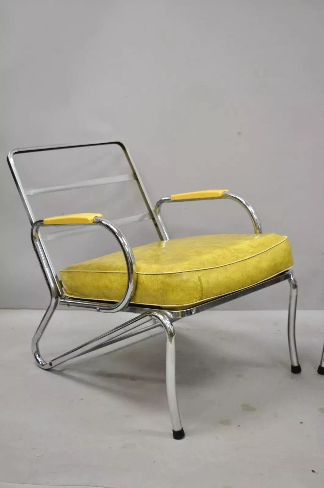 Art Deco Tubular Chrome Yellow Vinyl Club Lounge Arm Chair Attr Lloyd Mfg - Pair For Sale 1