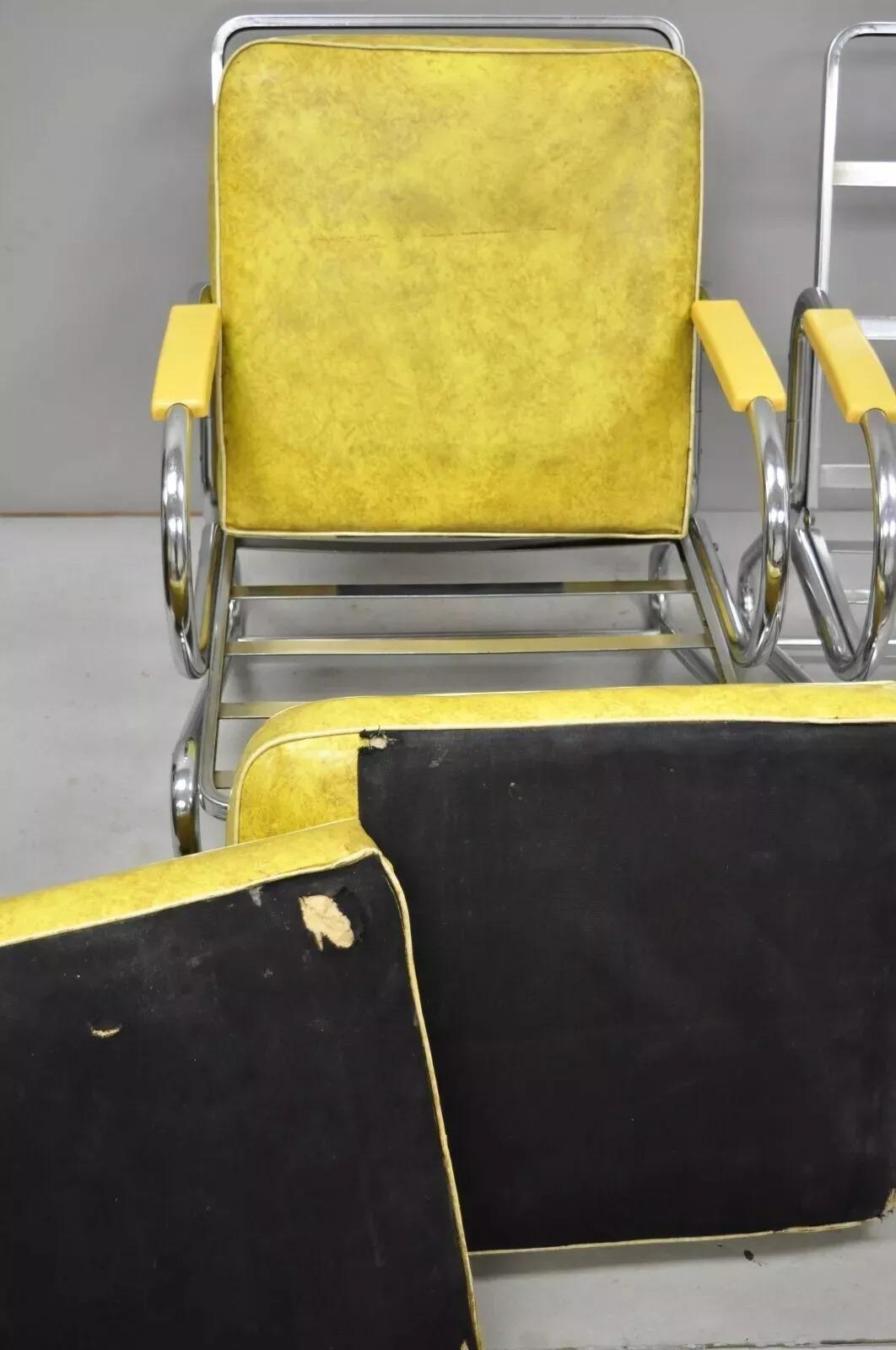 Art Deco Tubular Chrome Yellow Vinyl Club Lounge Arm Chair Attr Lloyd Mfg - Pair For Sale 4